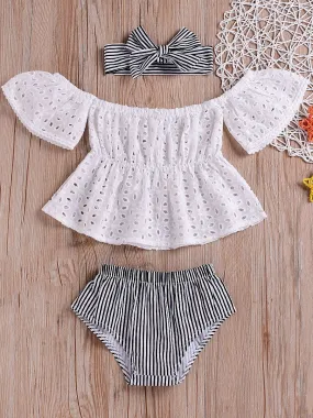 Infant Girl Clothes Outfits Set White Hollow Out Blouse Striped Panties Headband