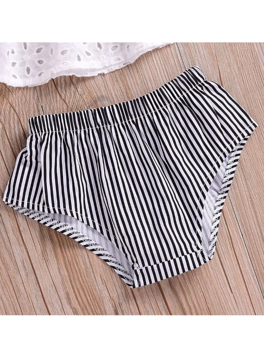 Infant Girl Clothes Outfits Set White Hollow Out Blouse Striped Panties Headband