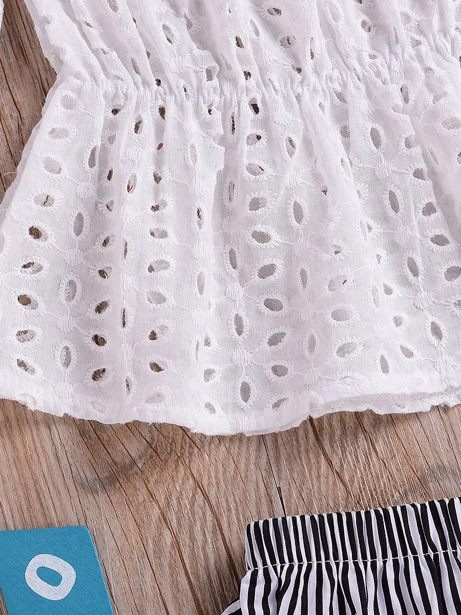 Infant Girl Clothes Outfits Set White Hollow Out Blouse Striped Panties Headband