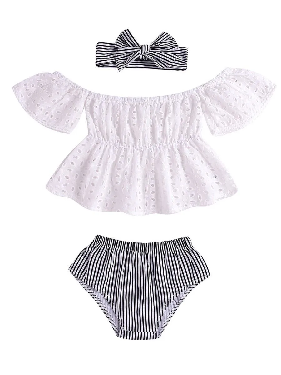 Infant Girl Clothes Outfits Set White Hollow Out Blouse Striped Panties Headband