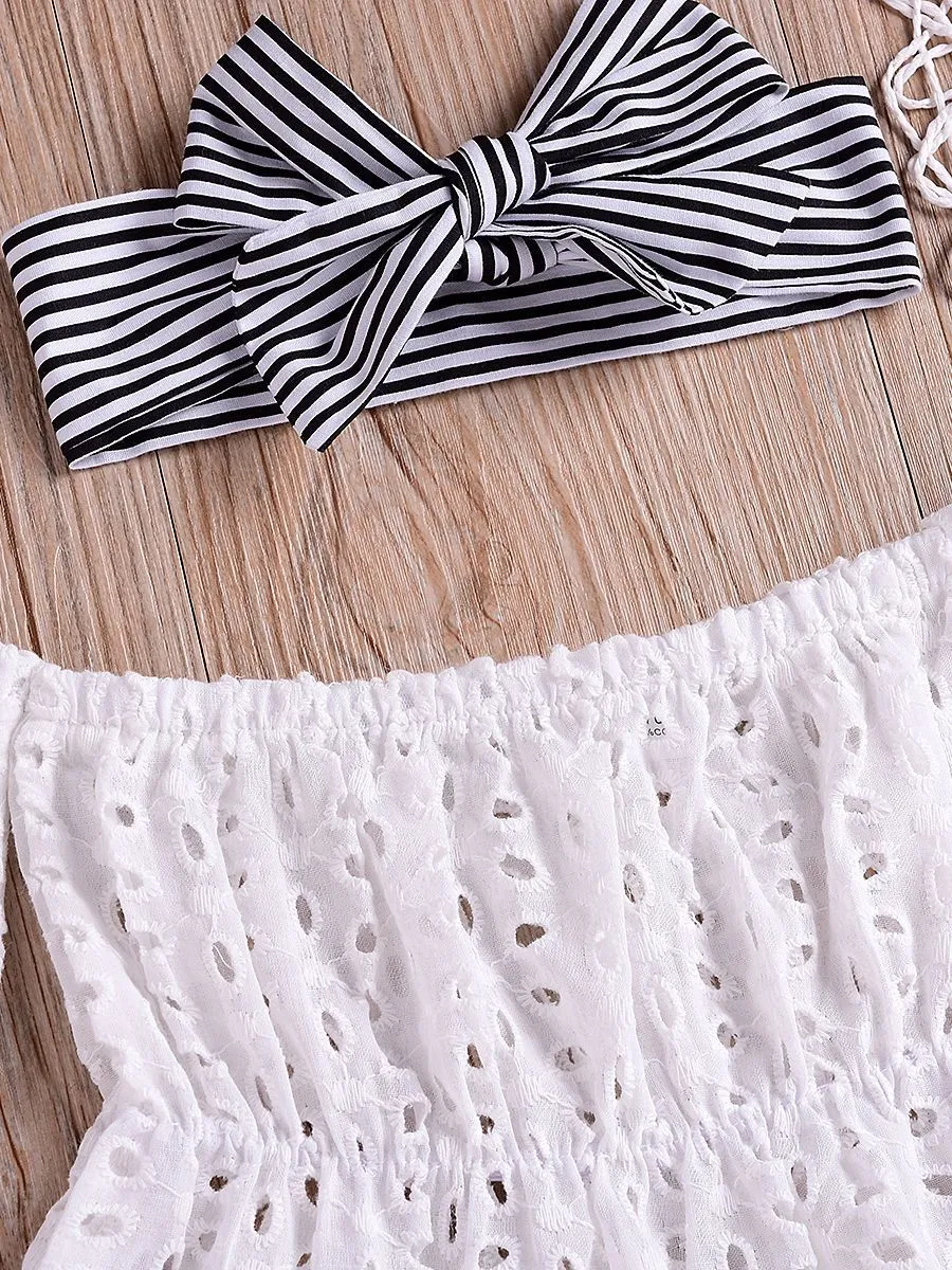 Infant Girl Clothes Outfits Set White Hollow Out Blouse Striped Panties Headband