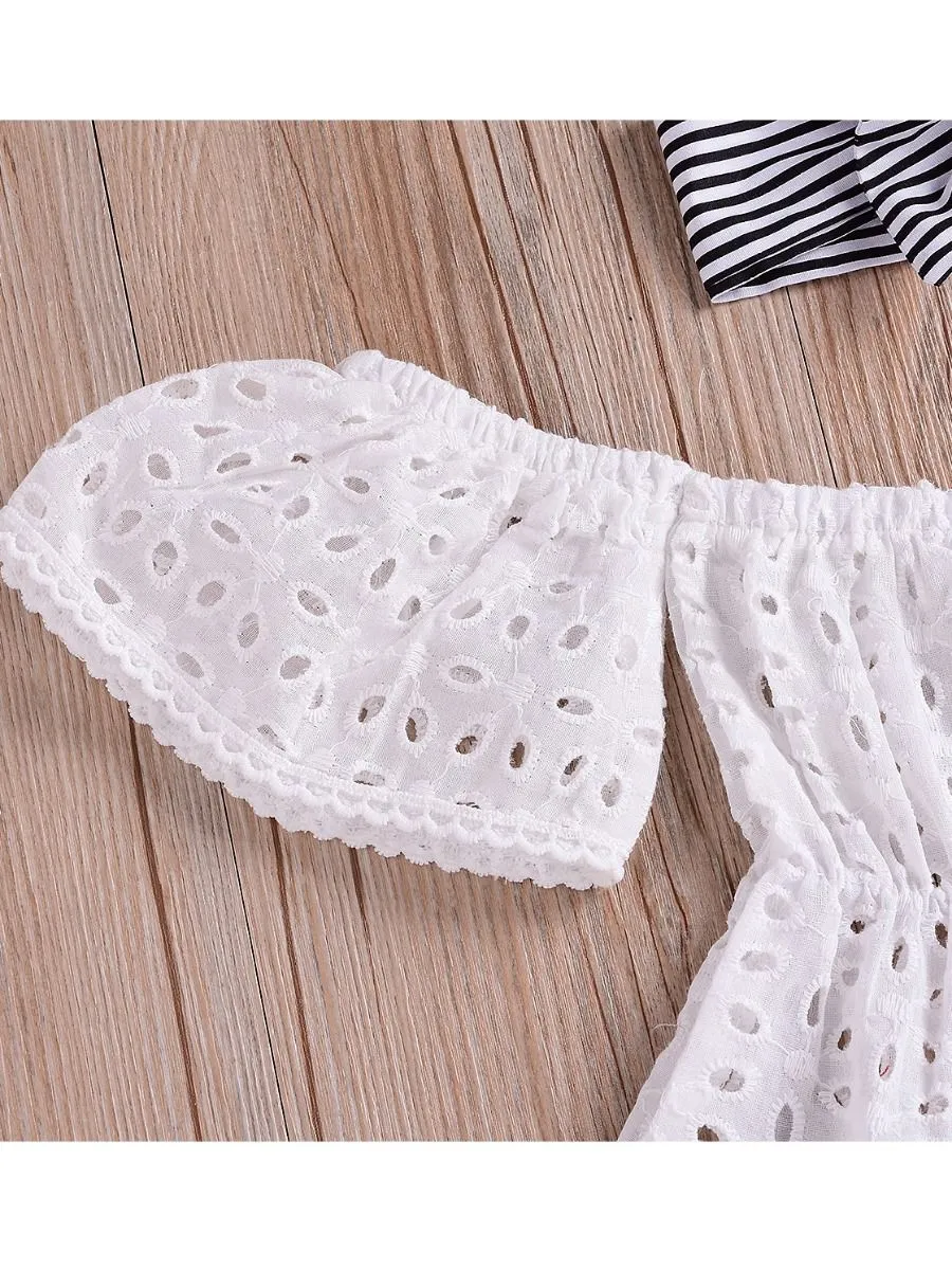 Infant Girl Clothes Outfits Set White Hollow Out Blouse Striped Panties Headband