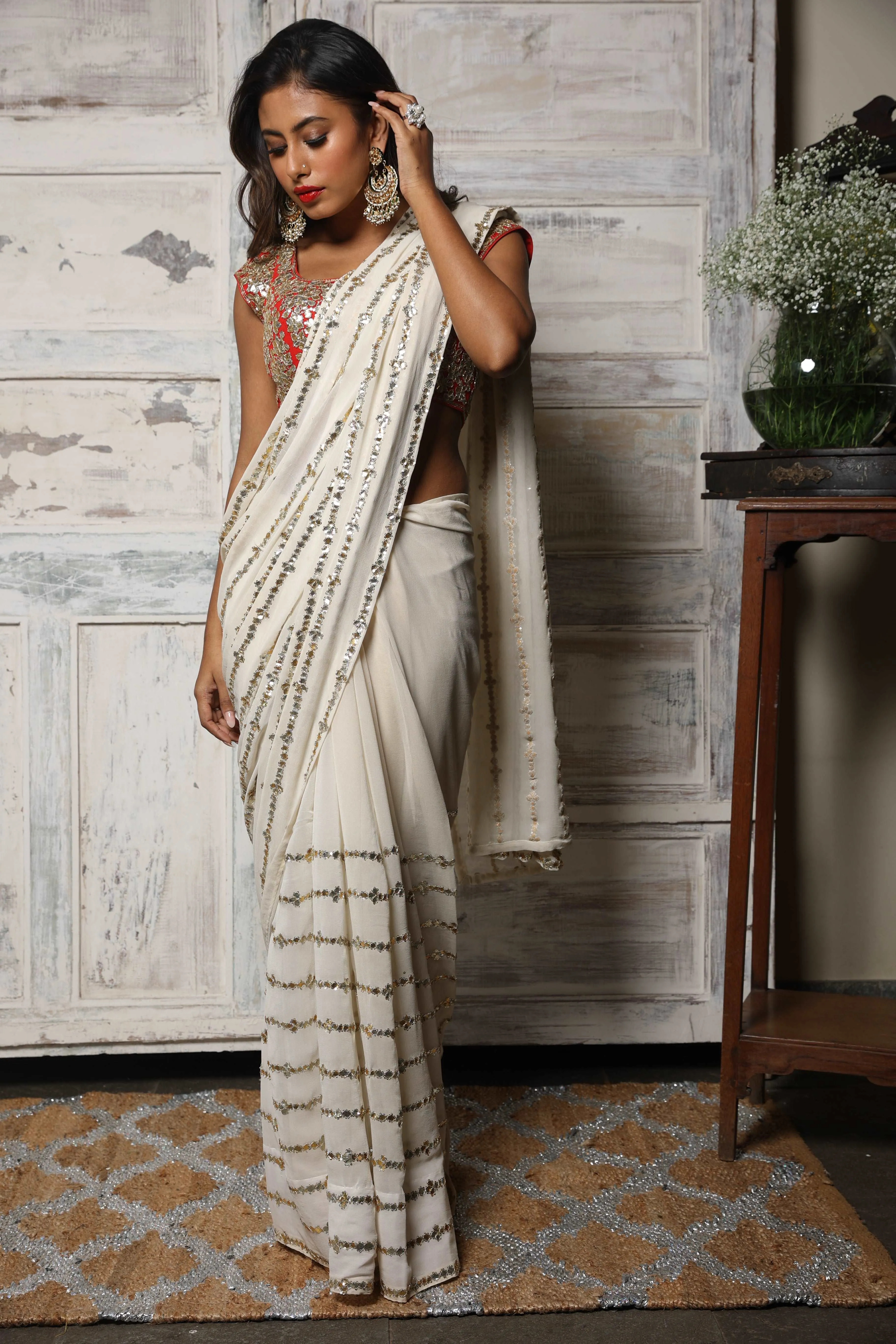 Ivory Georgette Saree Set