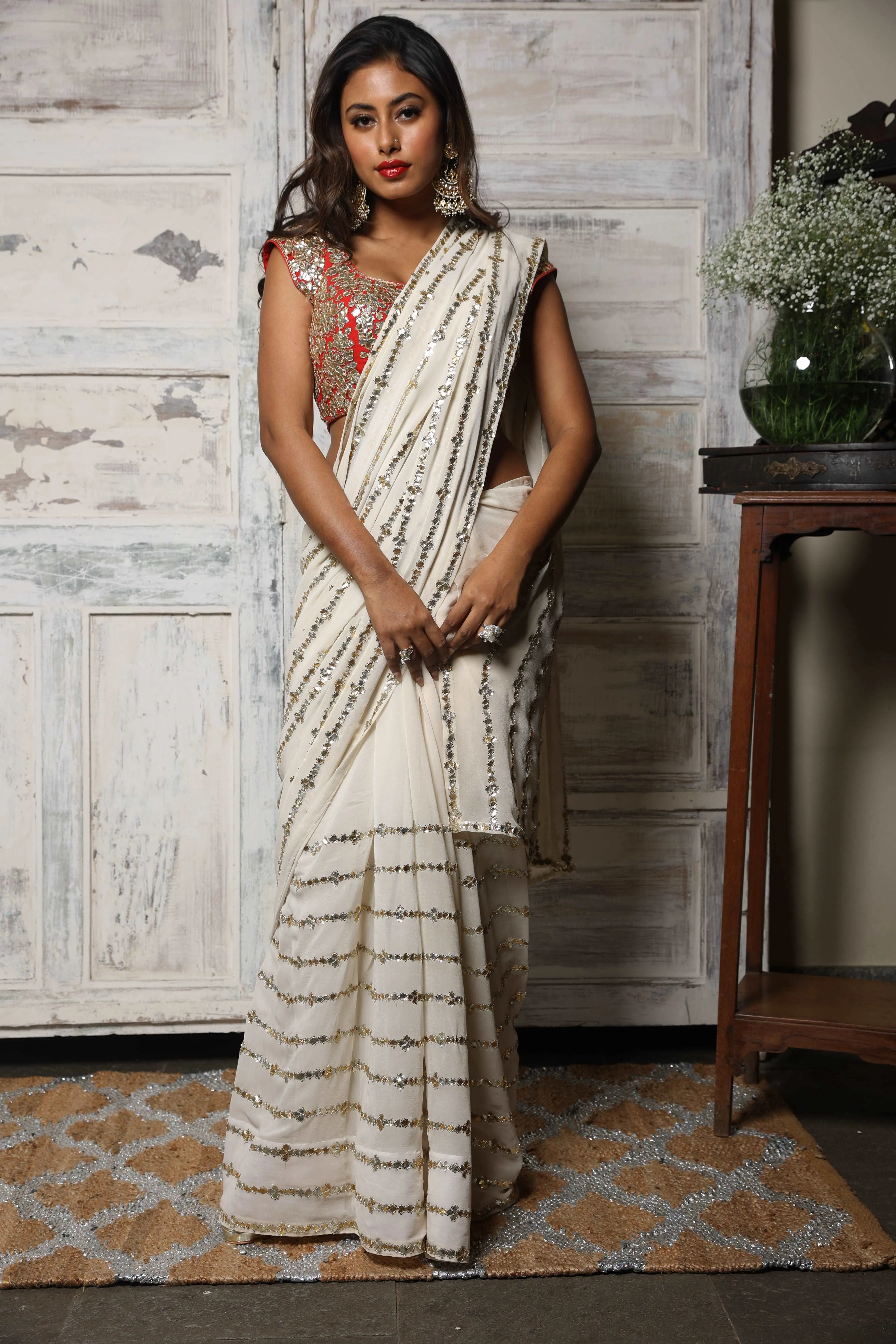 Ivory Georgette Saree Set