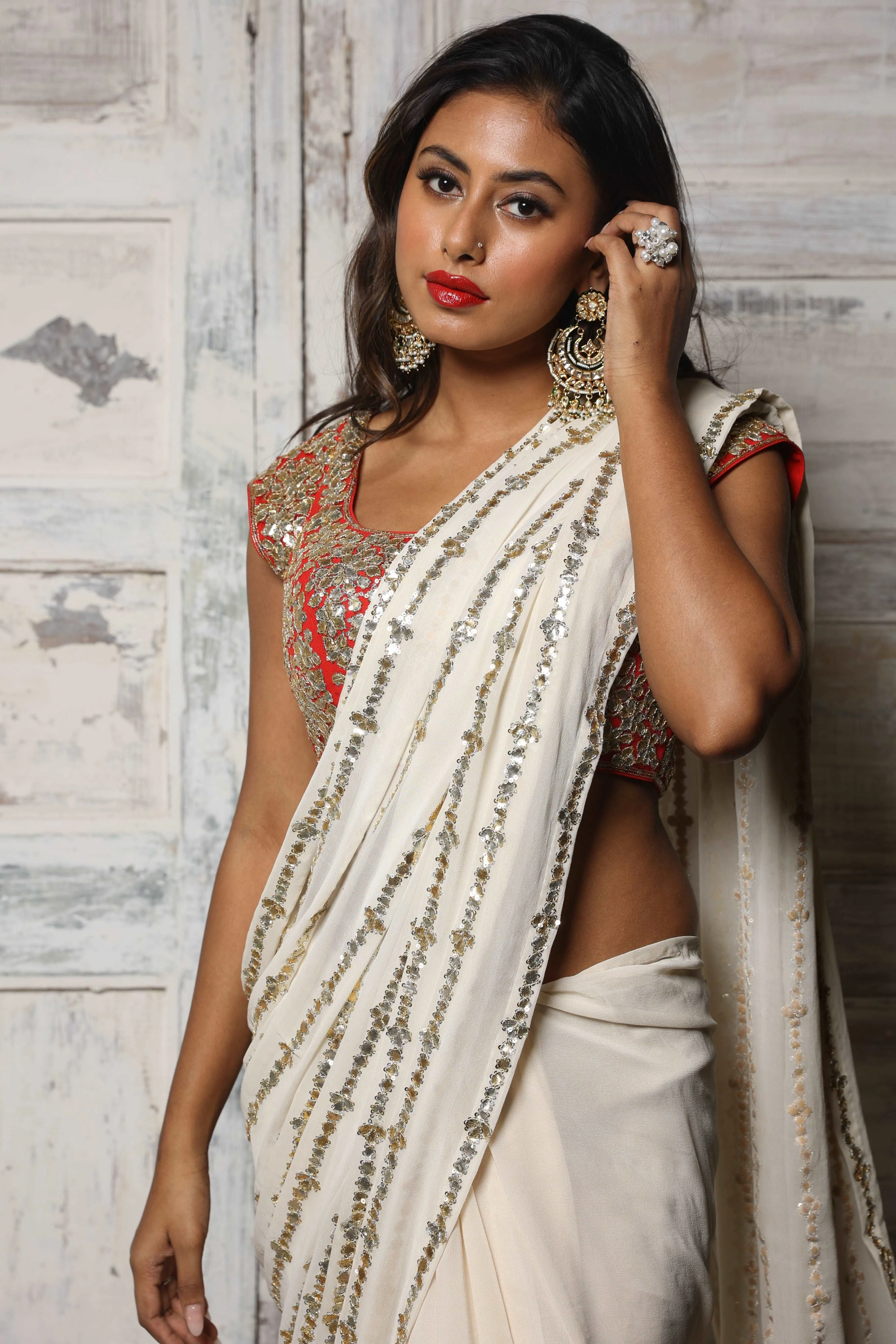 Ivory Georgette Saree Set