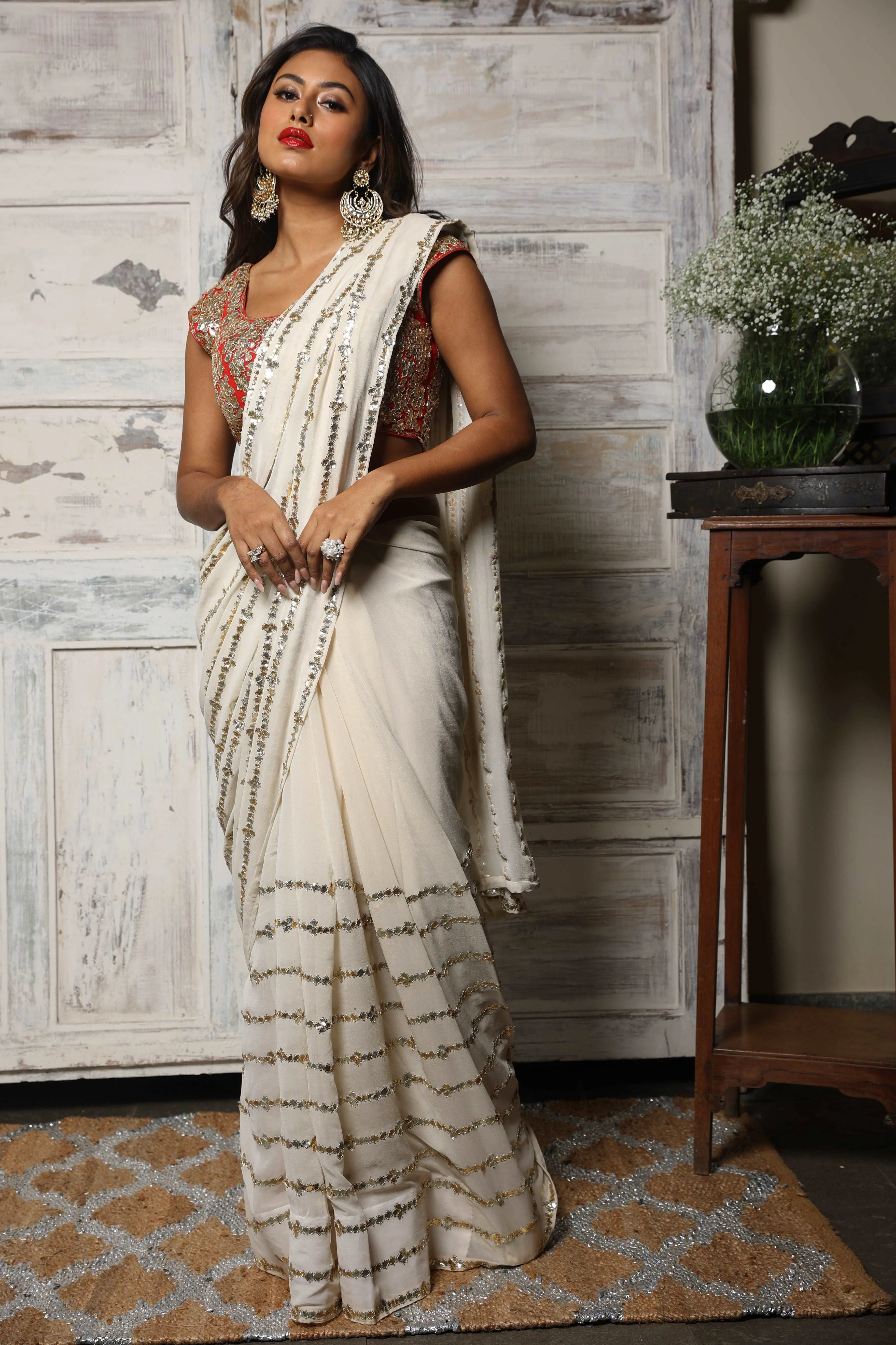 Ivory Georgette Saree Set