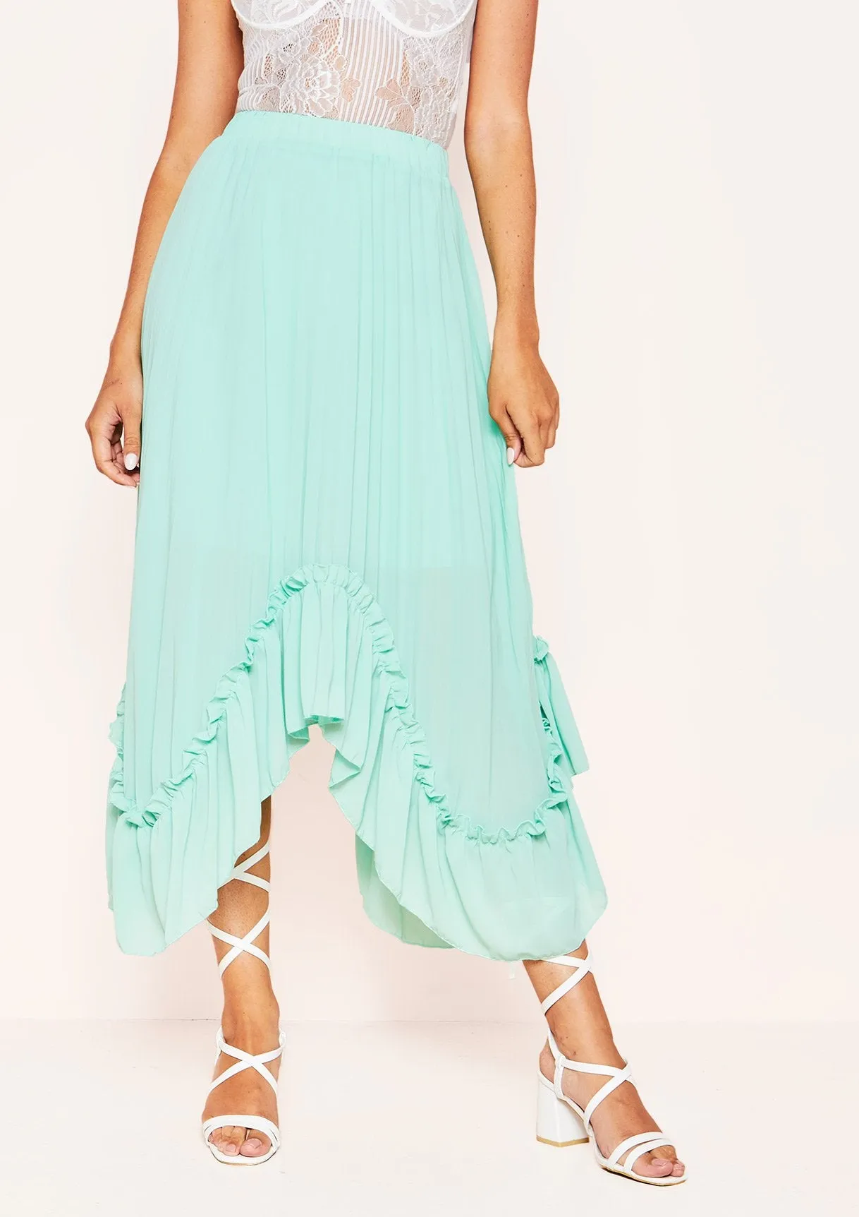 Joy Mint Green Pleated Frill Midi Skirt