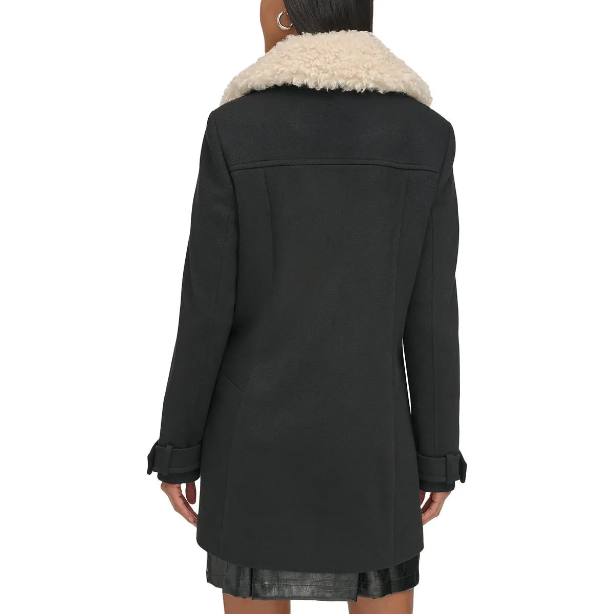 Karl Lagerfeld Paris Womens Double Breasted Faux Fur Collar Pea Coat