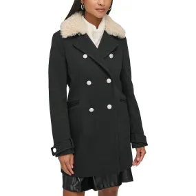 Karl Lagerfeld Paris Womens Double Breasted Faux Fur Collar Pea Coat