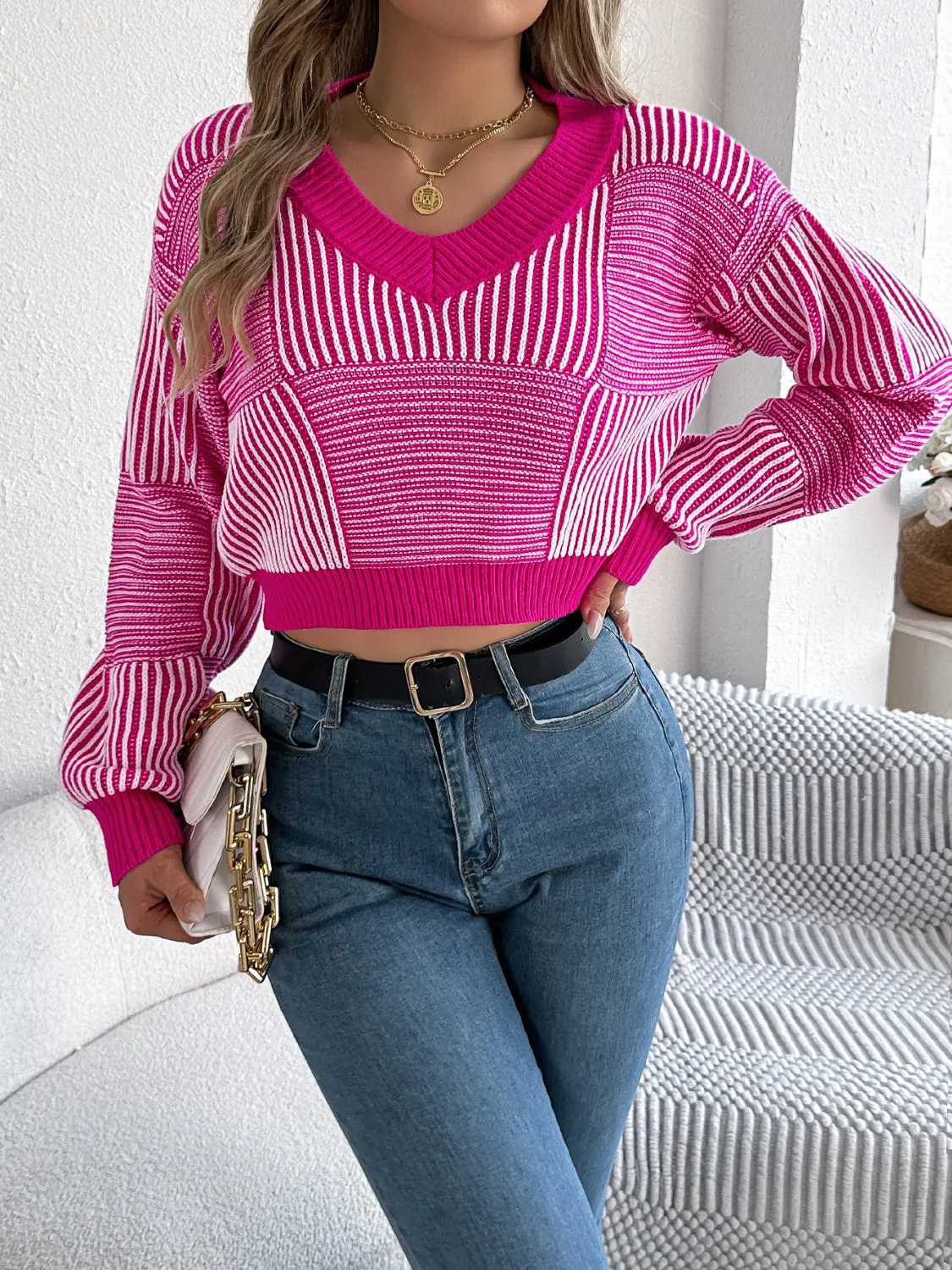 kesley Striped V-Neck Long Sleeve Sweater