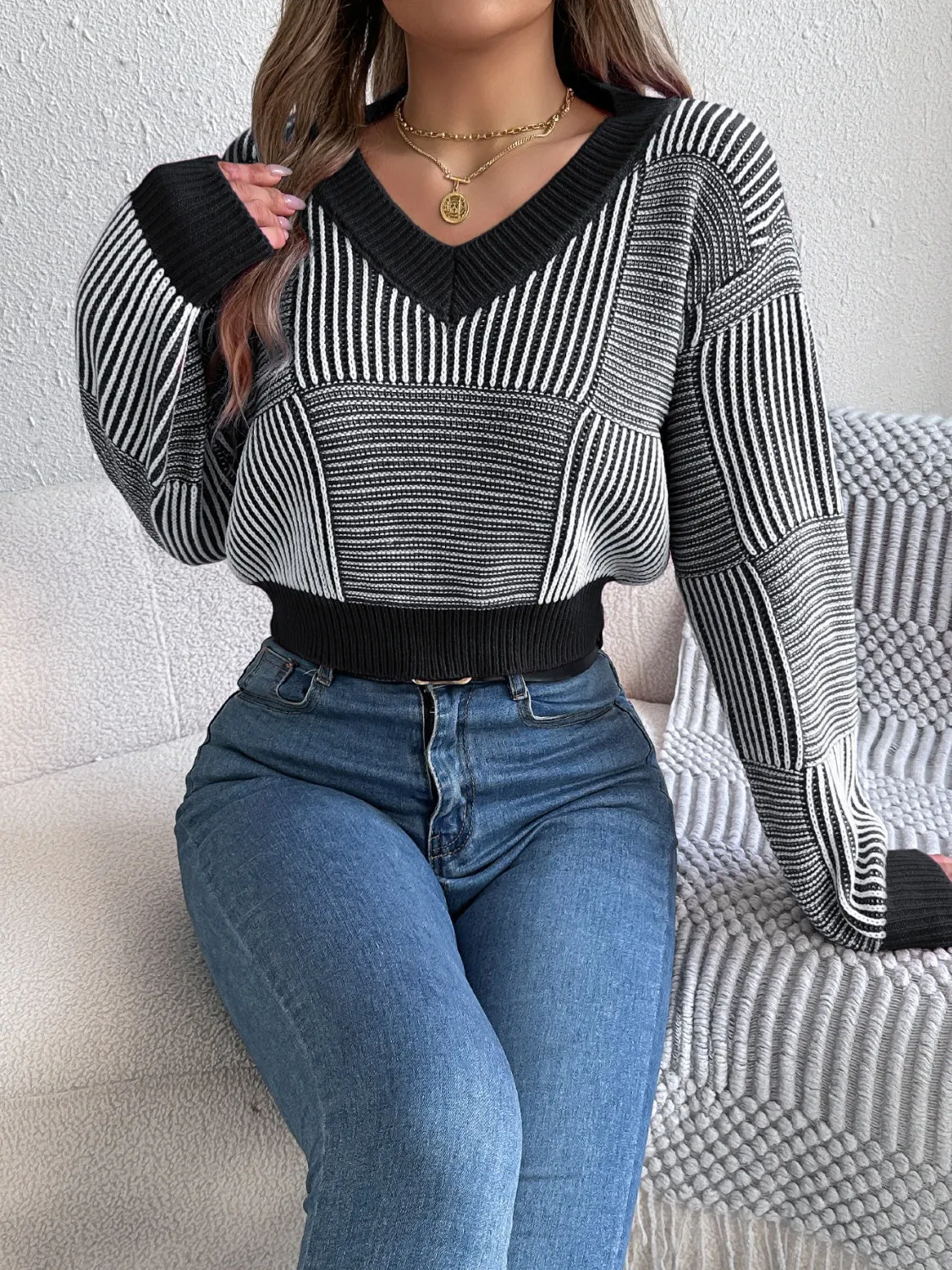 kesley Striped V-Neck Long Sleeve Sweater