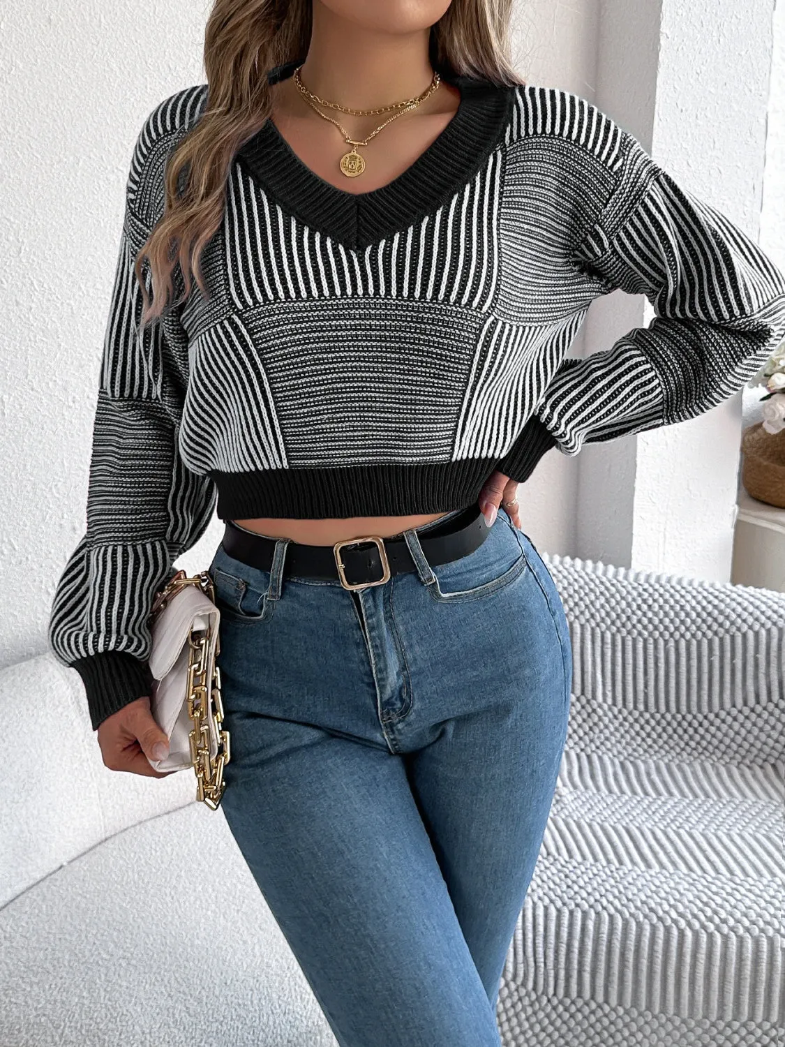 kesley Striped V-Neck Long Sleeve Sweater