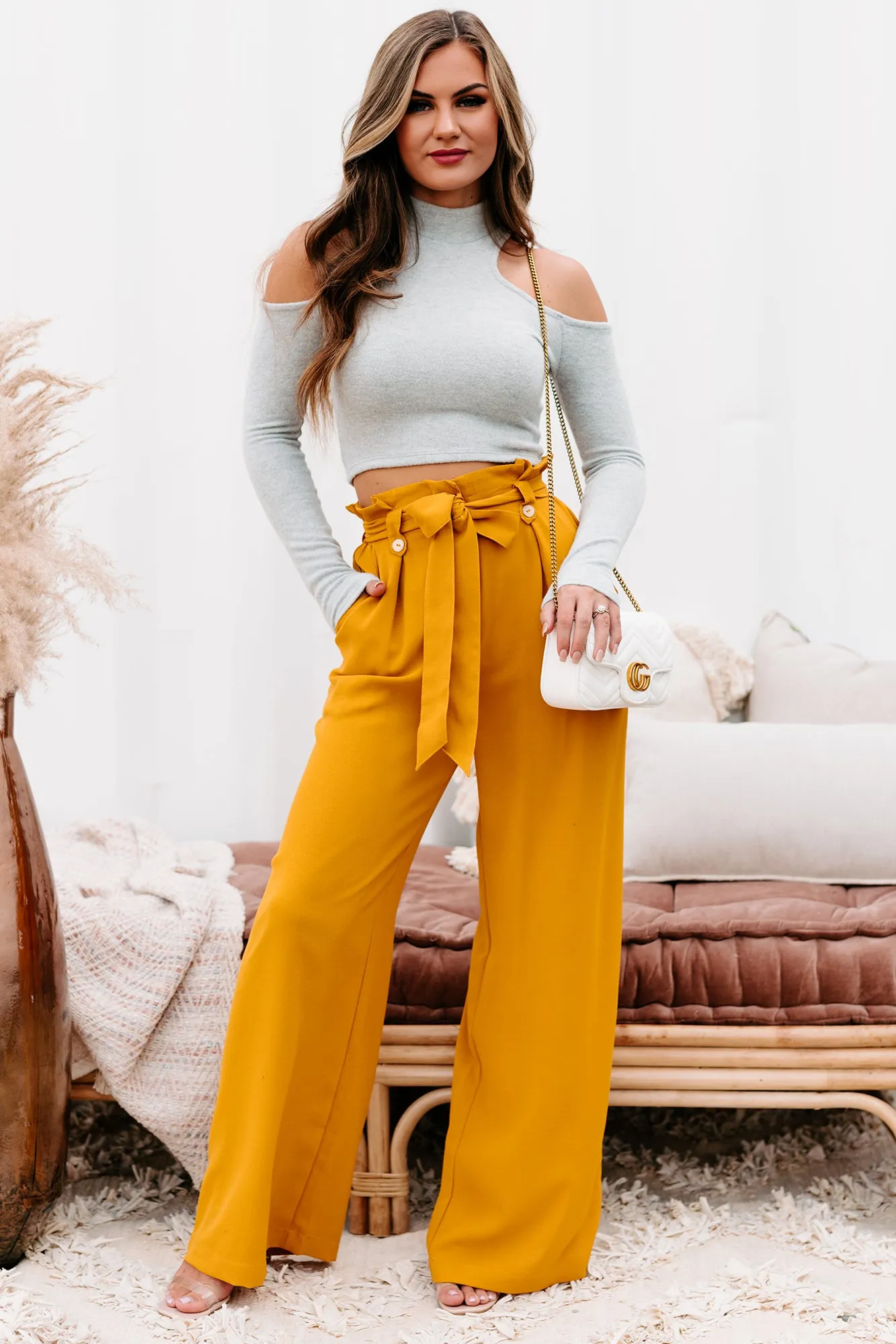 Key Player Wide Leg Paperbag Pants (Mustard)