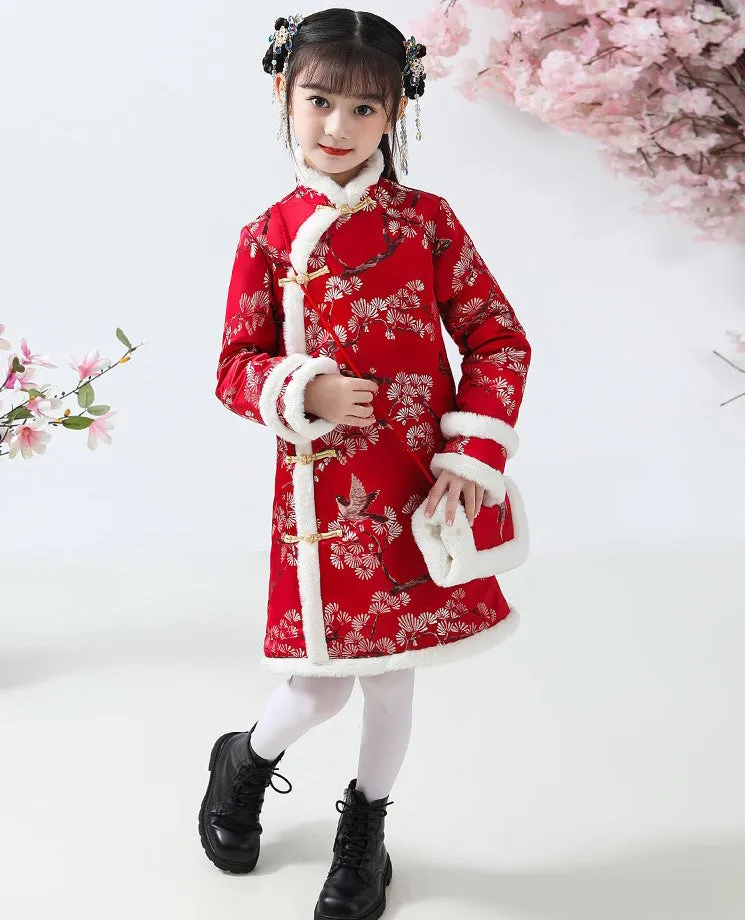 Knee Length Floral Brocade Girl's Cheongsam Wadded Dress with Fur Edge