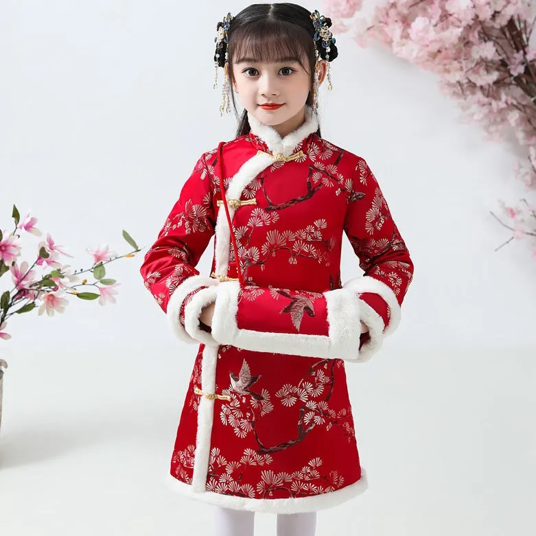 Knee Length Floral Brocade Girl's Cheongsam Wadded Dress with Fur Edge