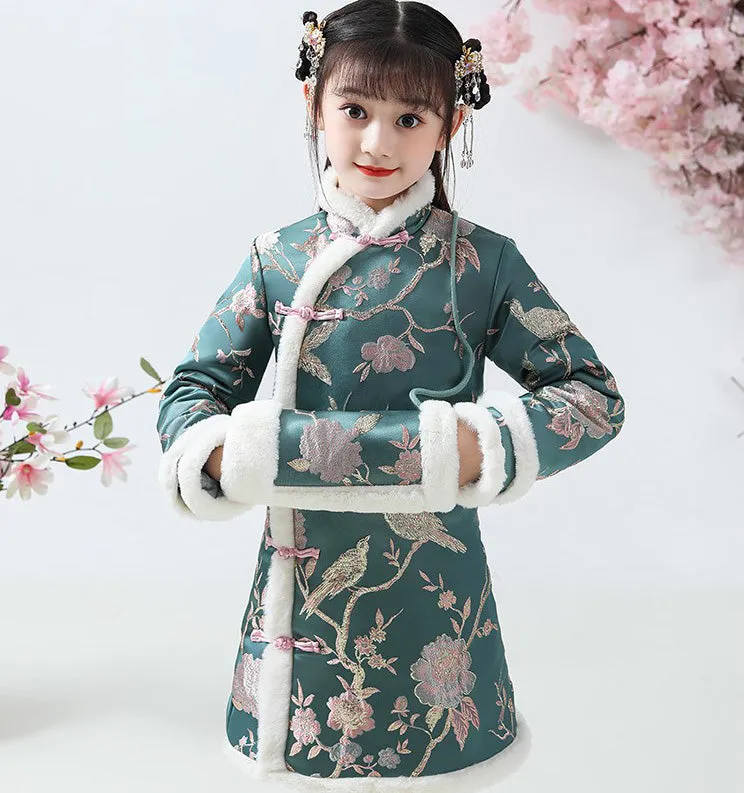 Knee Length Floral Brocade Girl's Cheongsam Wadded Dress with Fur Edge