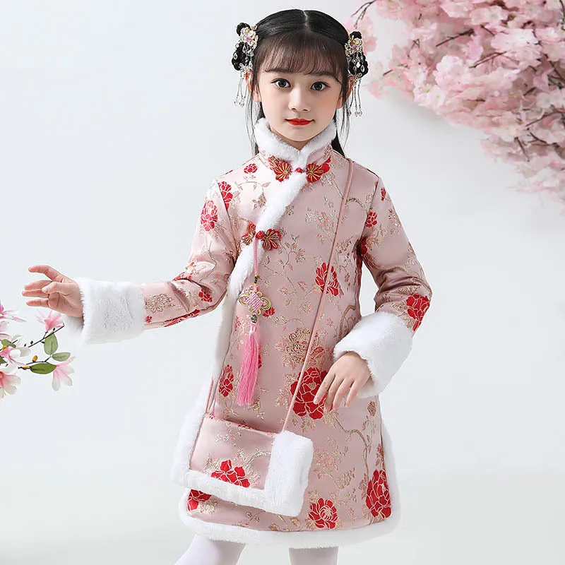 Knee Length Floral Brocade Girl's Cheongsam Wadded Dress with Fur Edge