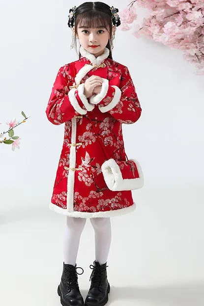 Knee Length Floral Brocade Girl's Cheongsam Wadded Dress with Fur Edge