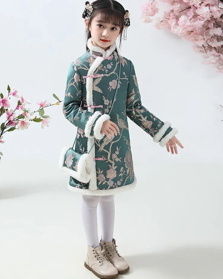 Knee Length Floral Brocade Girl's Cheongsam Wadded Dress with Fur Edge