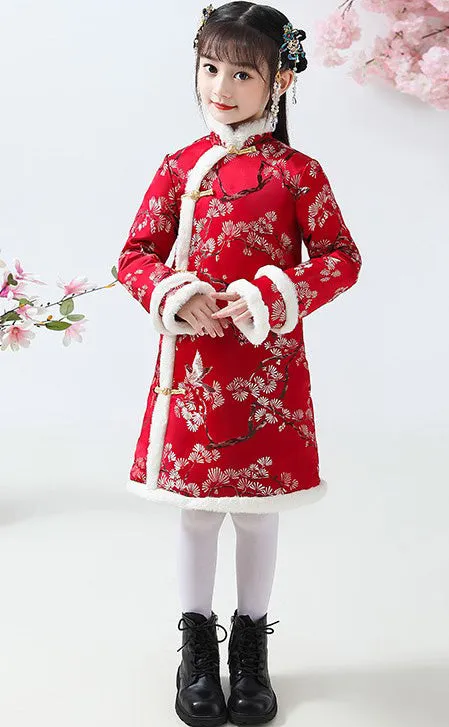 Knee Length Floral Brocade Girl's Cheongsam Wadded Dress with Fur Edge