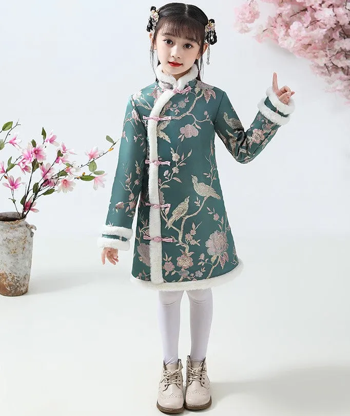 Knee Length Floral Brocade Girl's Cheongsam Wadded Dress with Fur Edge