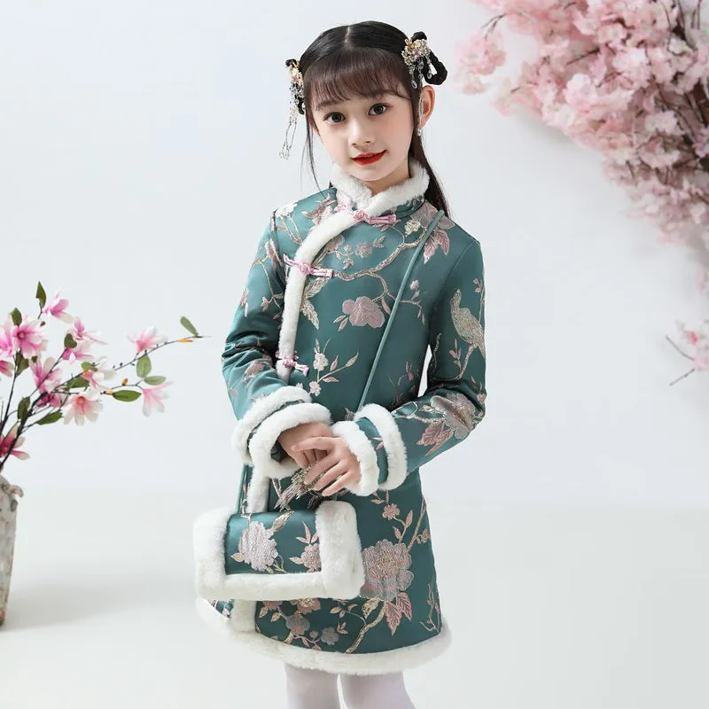 Knee Length Floral Brocade Girl's Cheongsam Wadded Dress with Fur Edge