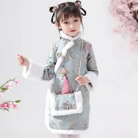 Knee Length Floral Brocade Girl's Cheongsam Wadded Dress with Fur Edge