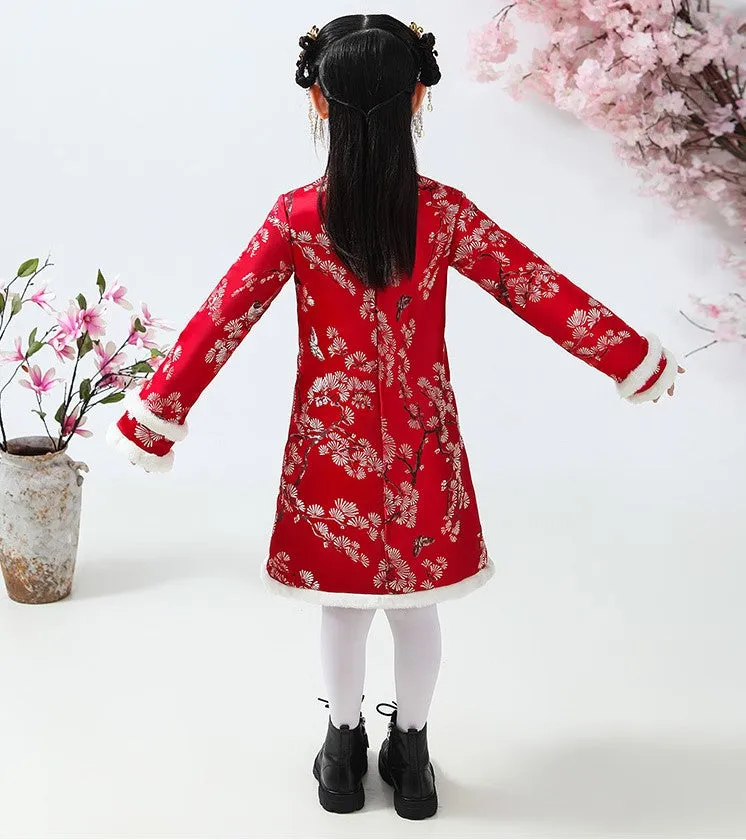 Knee Length Floral Brocade Girl's Cheongsam Wadded Dress with Fur Edge