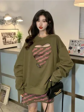 Korean Style Hollow Out Heart Hoodies Women Vintage Sexy Plus Size Sweatshirts S4837354