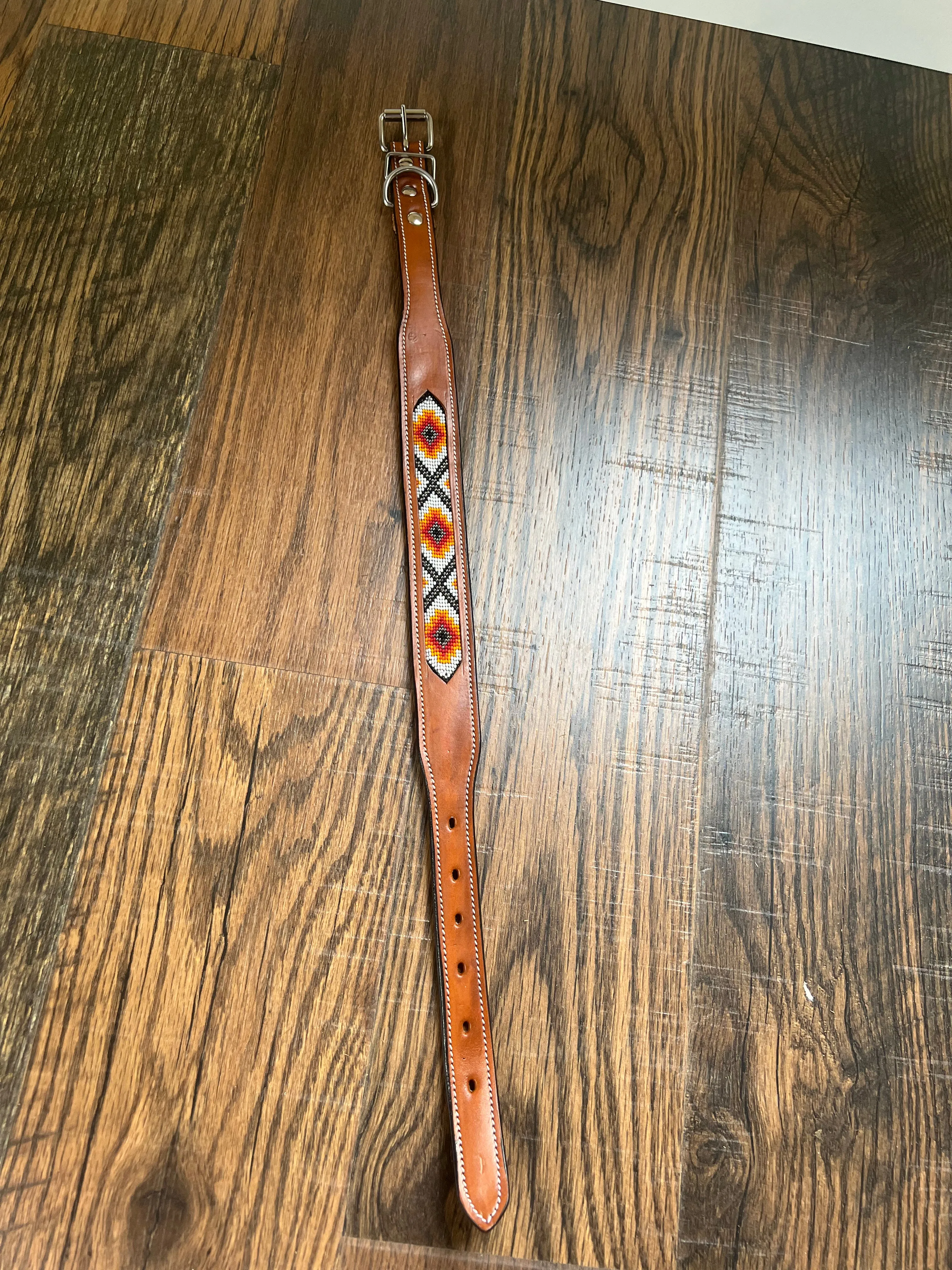 Leather Dog Collar with Orange and red beading