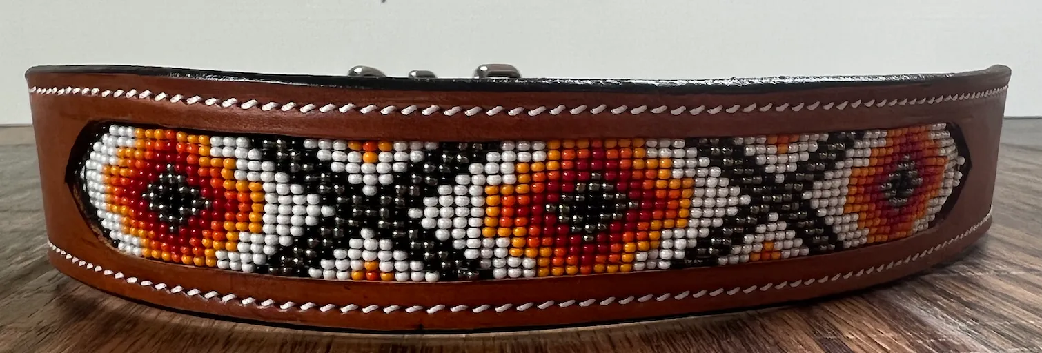 Leather Dog Collar with Orange and red beading