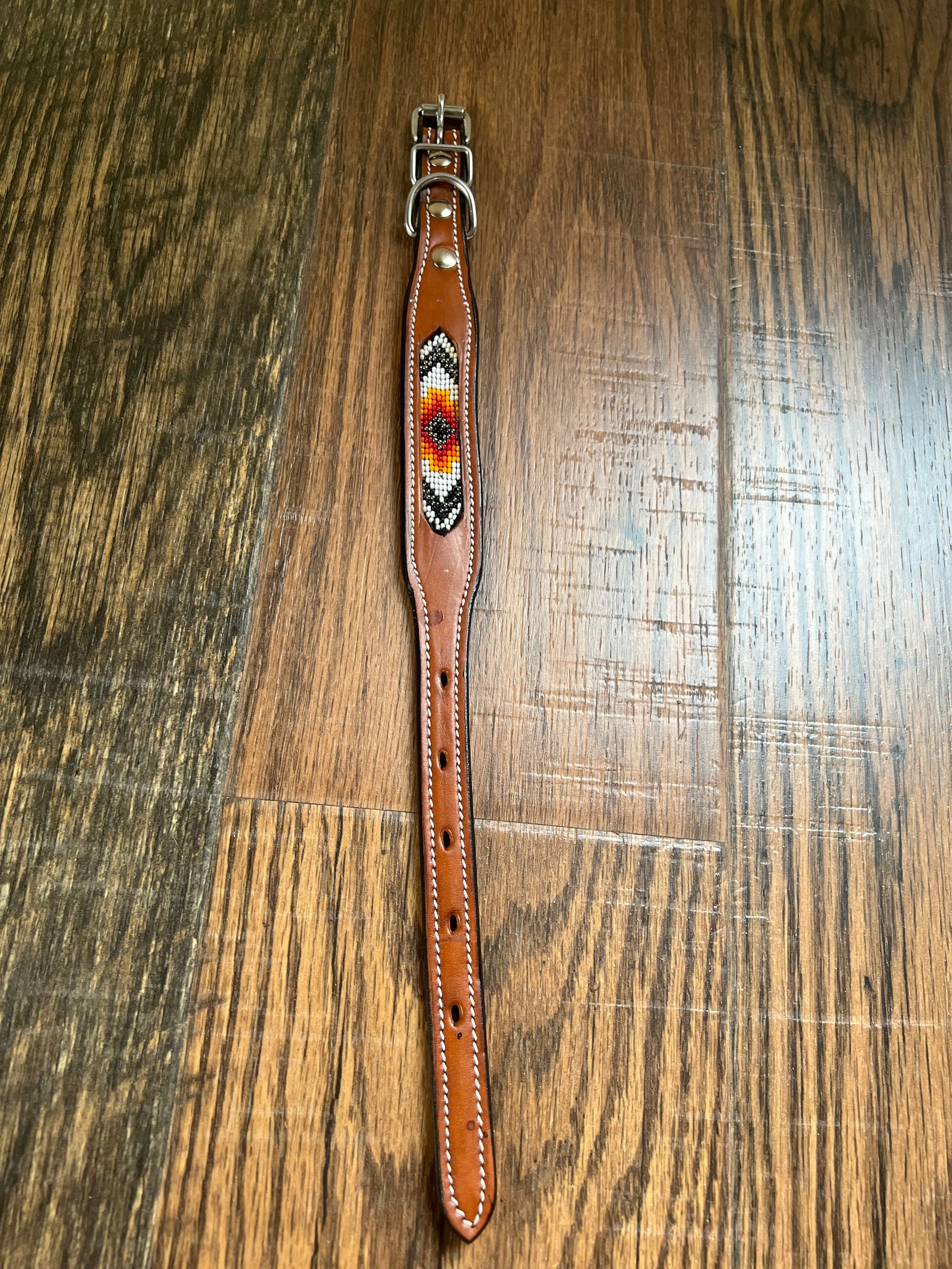 Leather Dog Collar with Orange and red beading