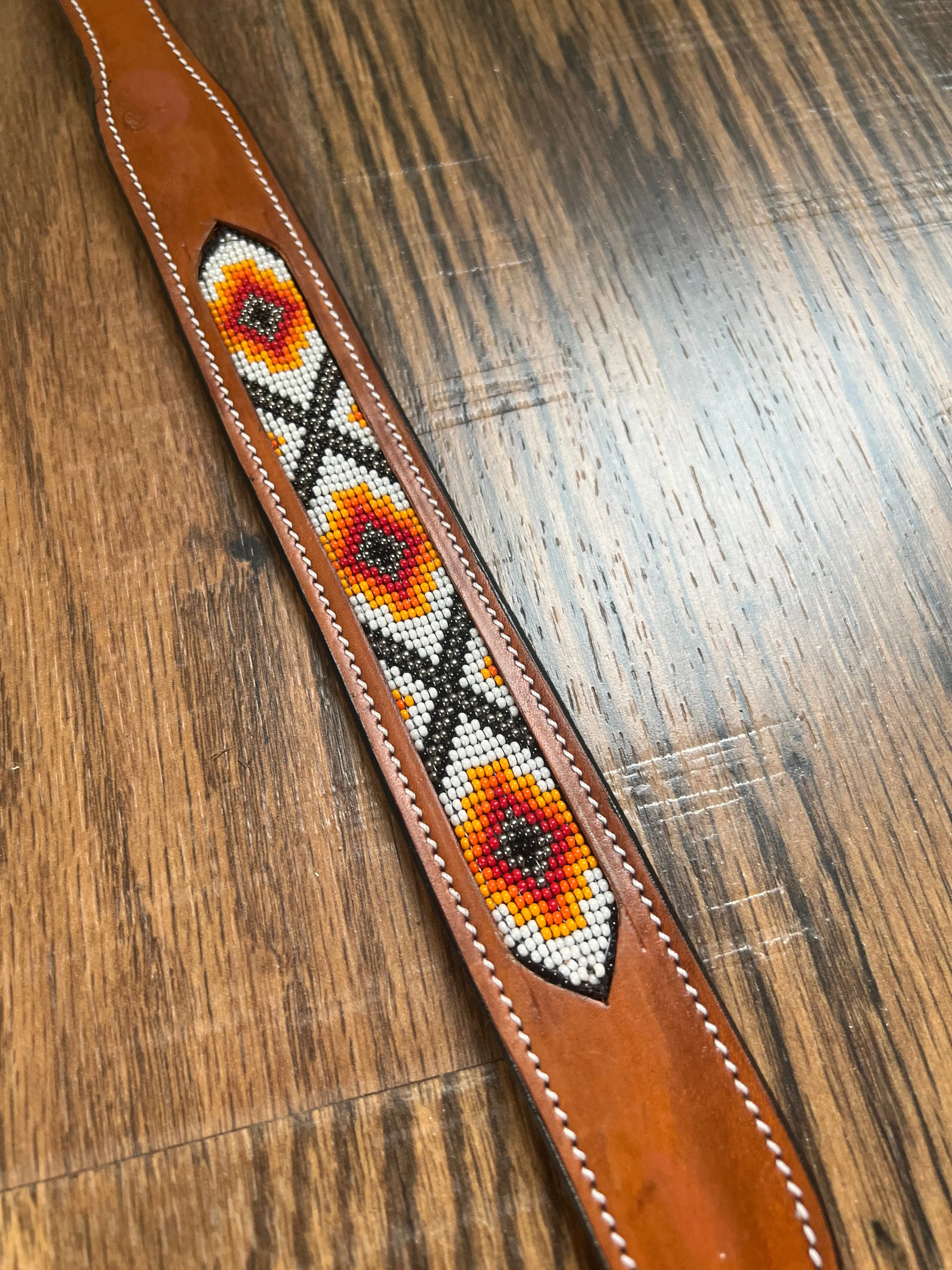 Leather Dog Collar with Orange and red beading