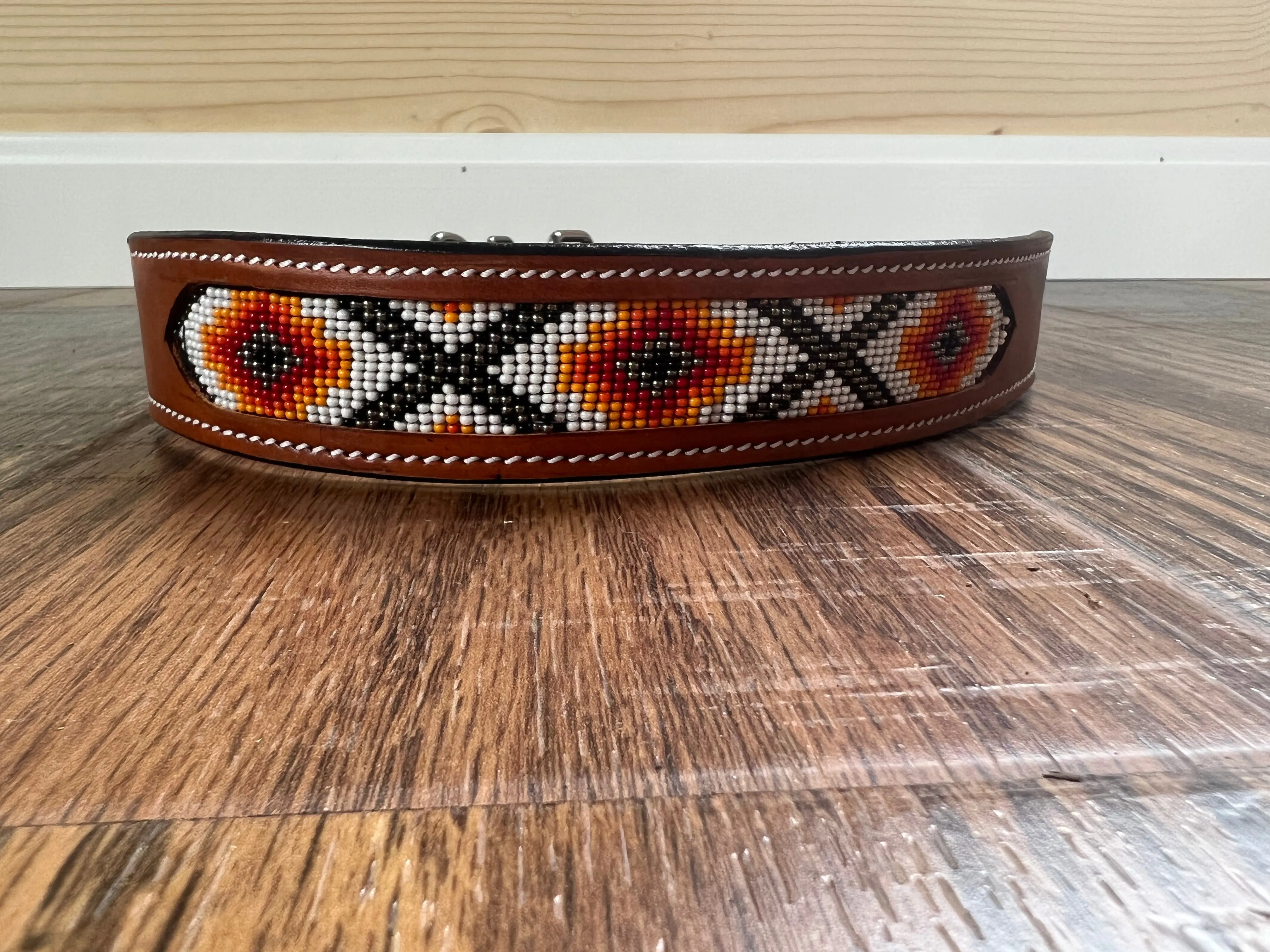 Leather Dog Collar with Orange and red beading