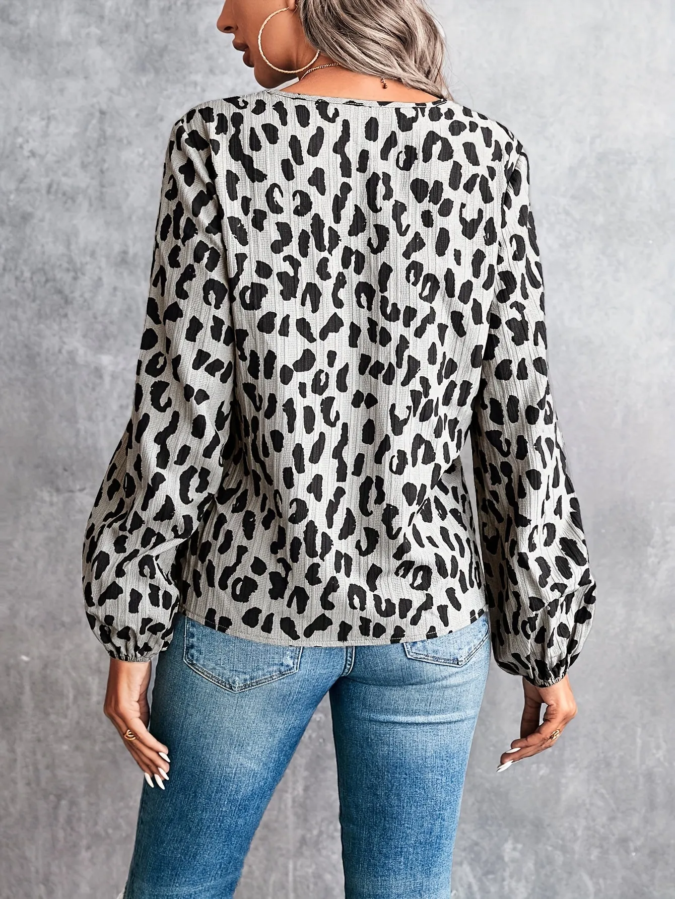 Leopard V Neck Blouse Trendy Casual Lantern Sleeve