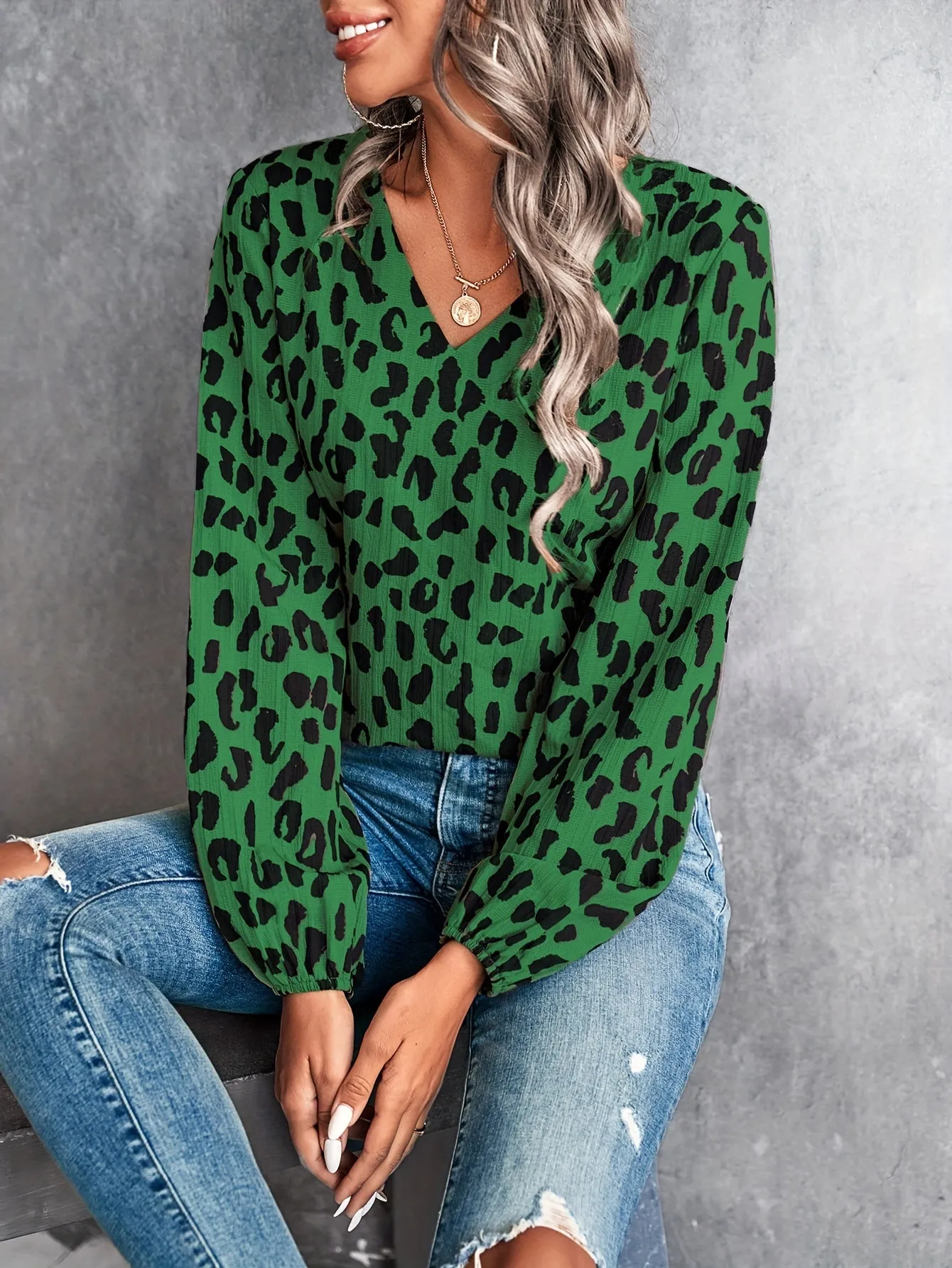 Leopard V Neck Blouse Trendy Casual Lantern Sleeve