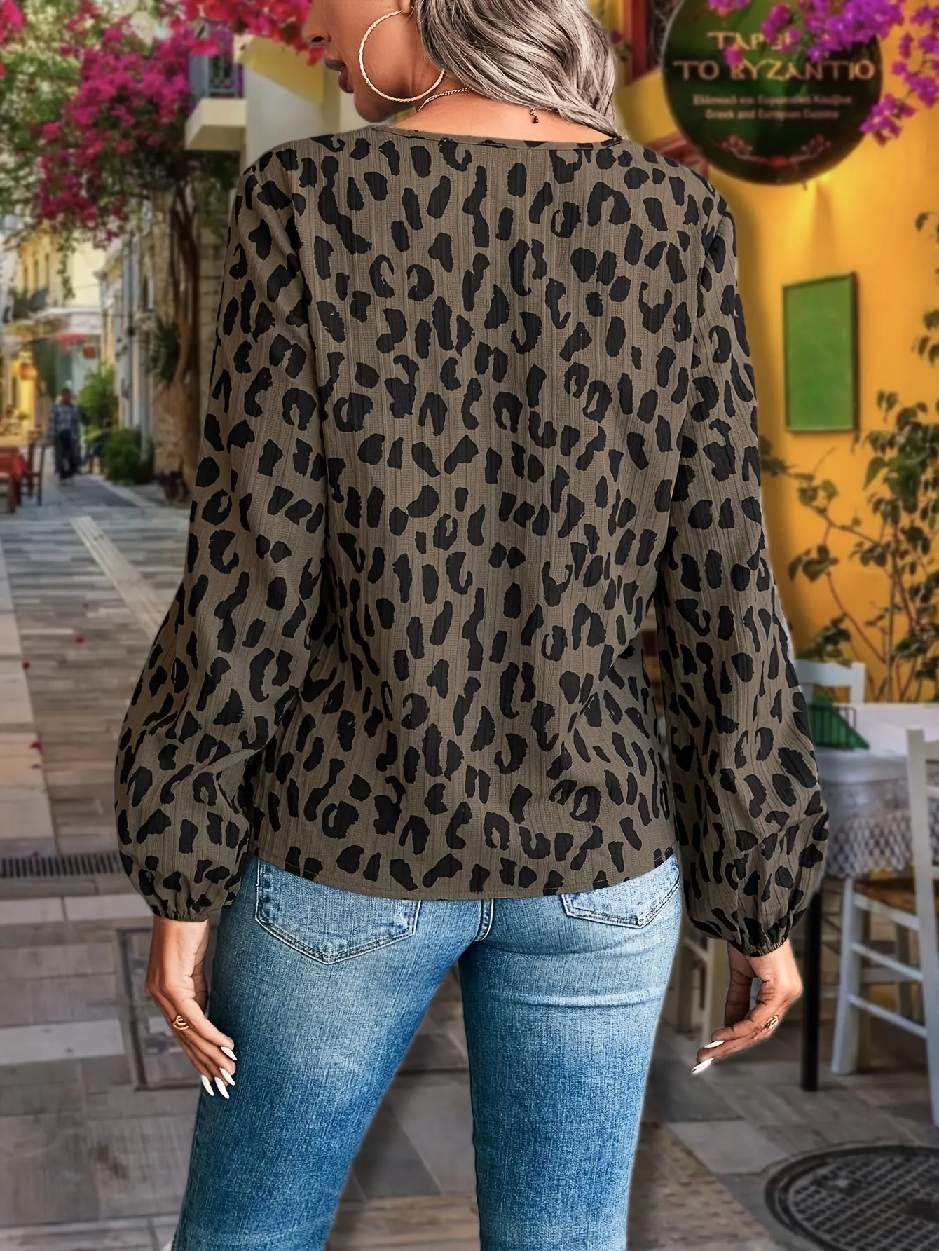 Leopard V Neck Blouse Trendy Casual Lantern Sleeve