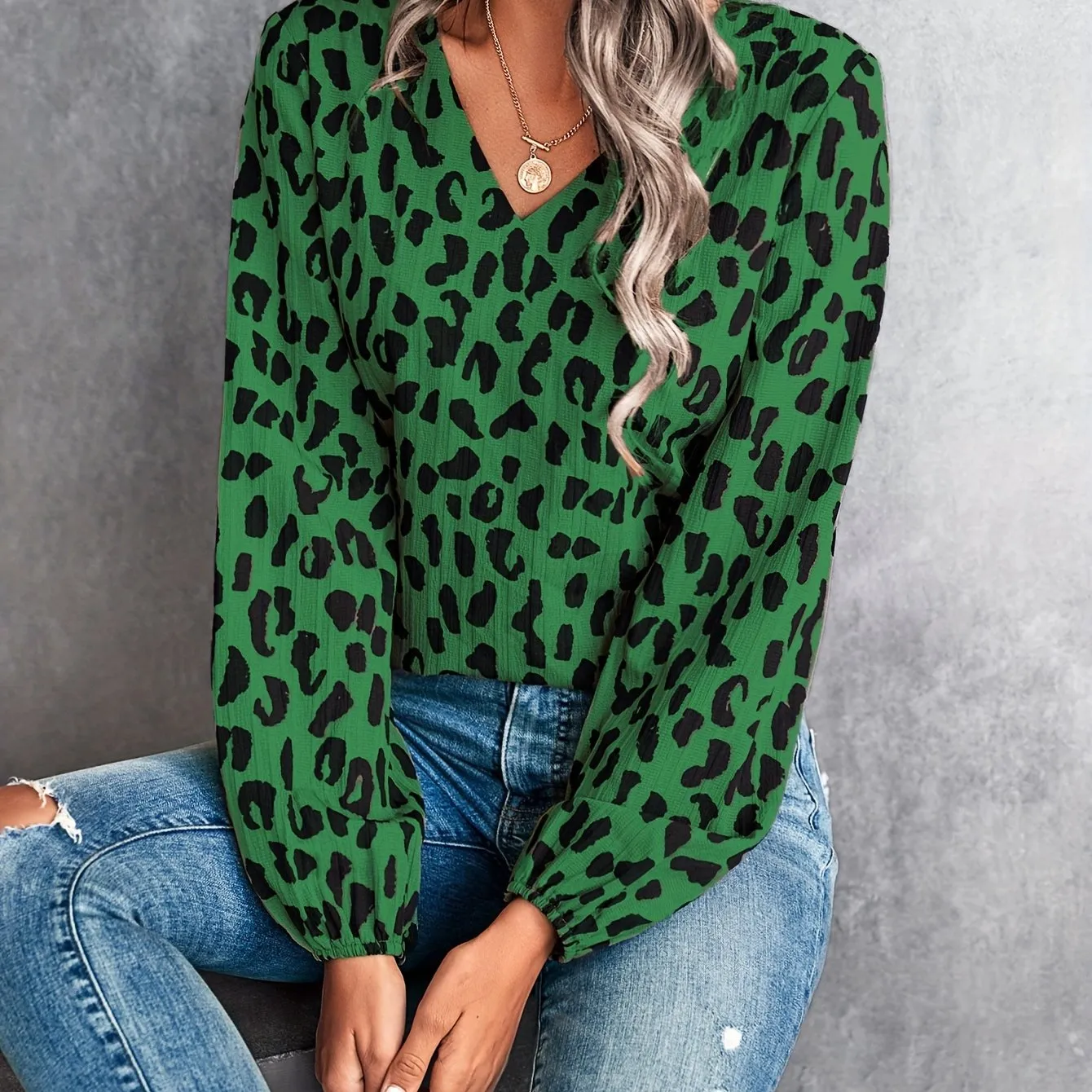 Leopard V Neck Blouse Trendy Casual Lantern Sleeve