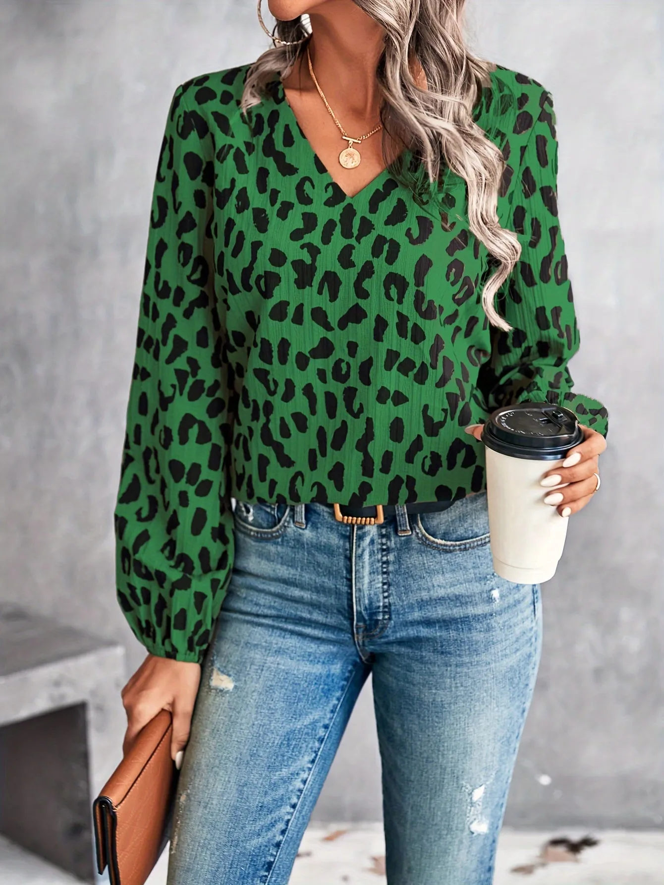 Leopard V Neck Blouse Trendy Casual Lantern Sleeve