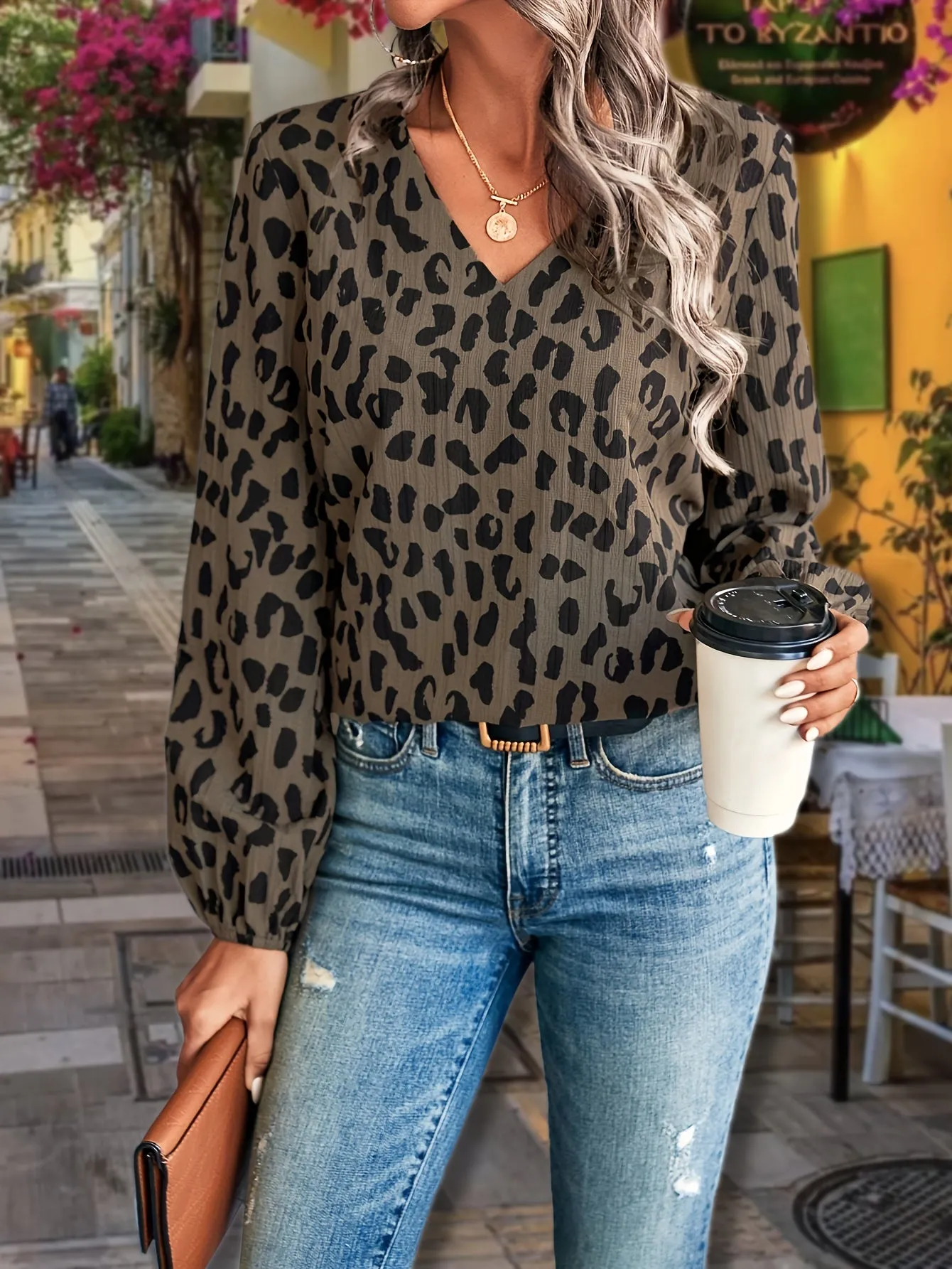 Leopard V Neck Blouse Trendy Casual Lantern Sleeve