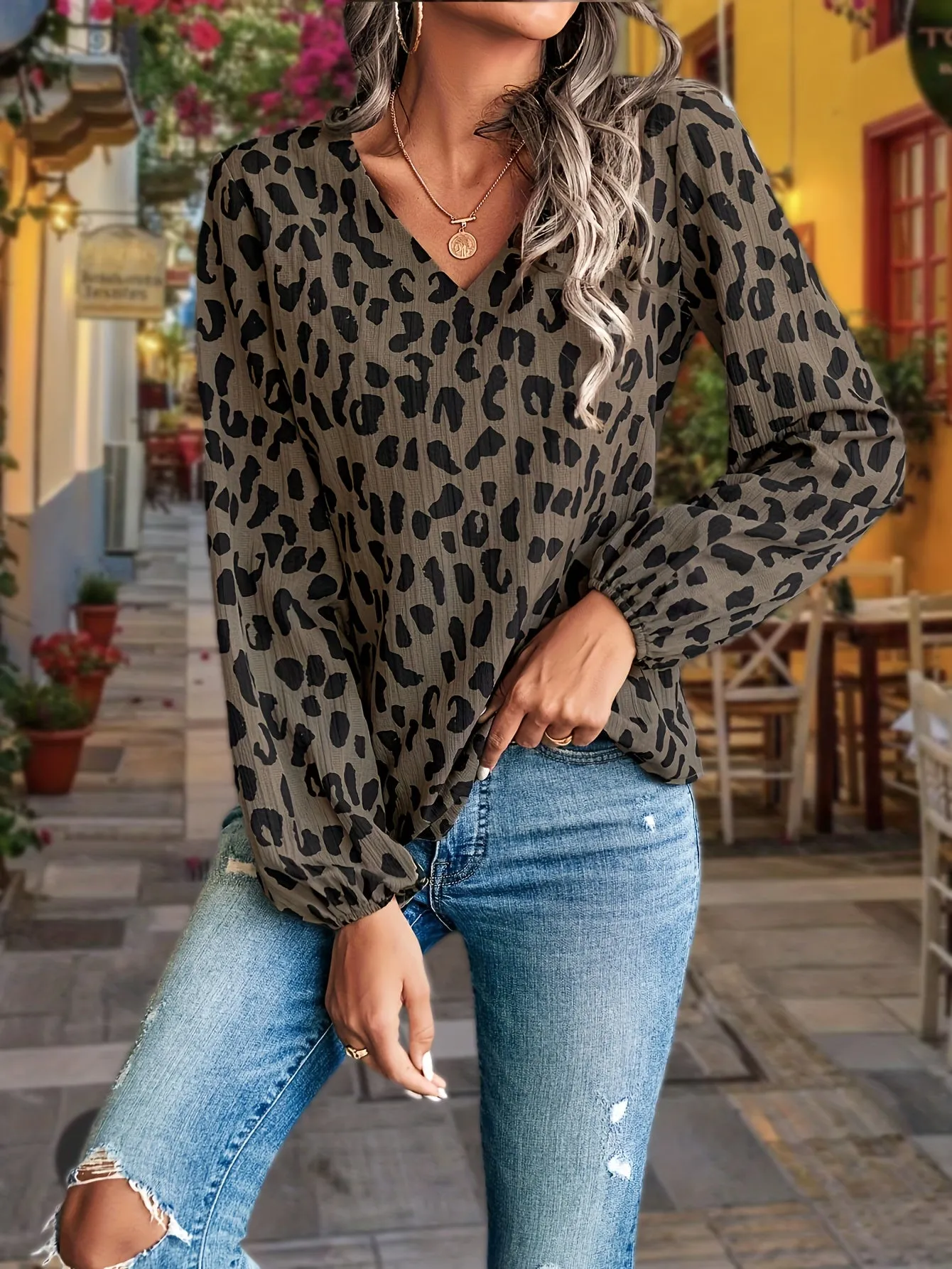 Leopard V Neck Blouse Trendy Casual Lantern Sleeve