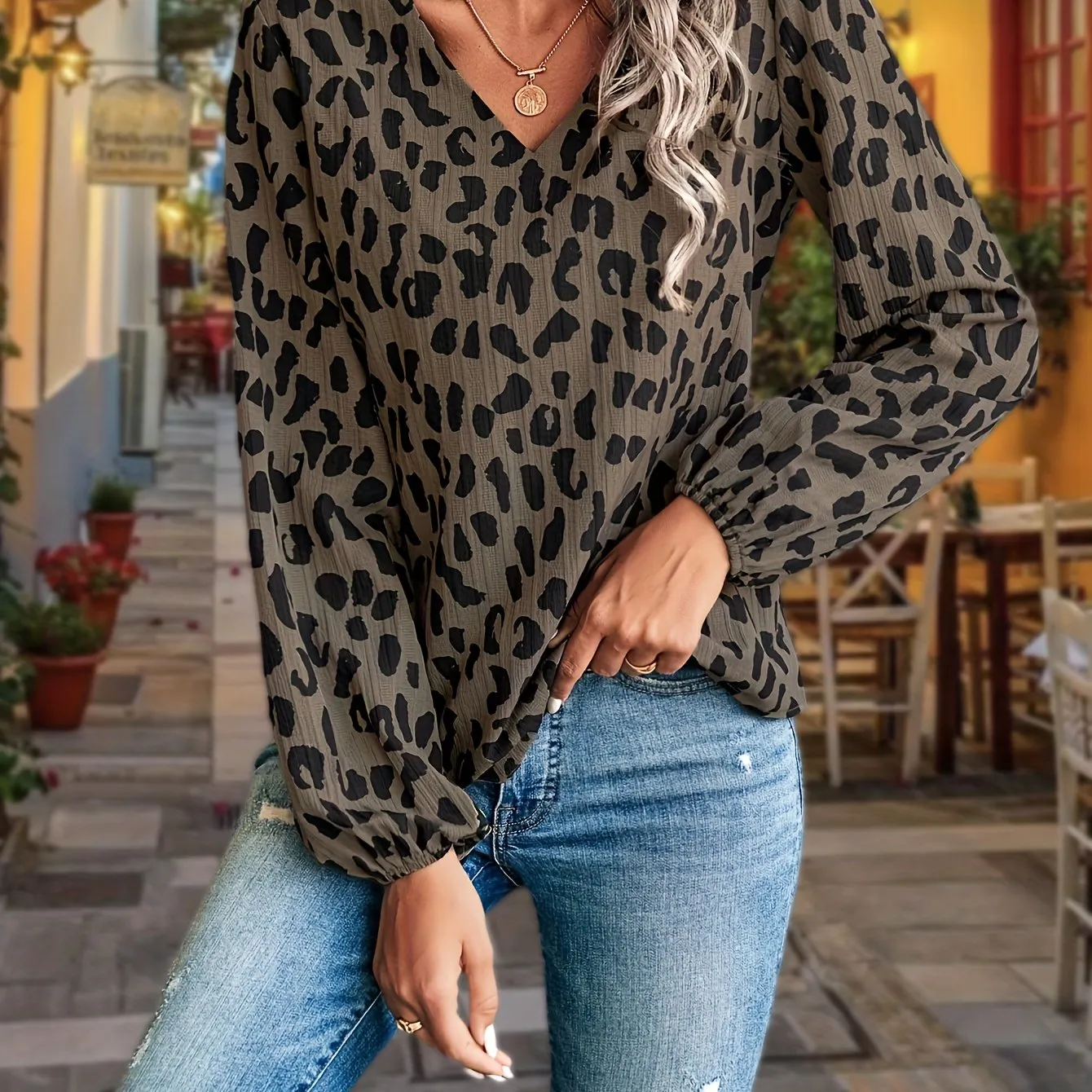 Leopard V Neck Blouse Trendy Casual Lantern Sleeve