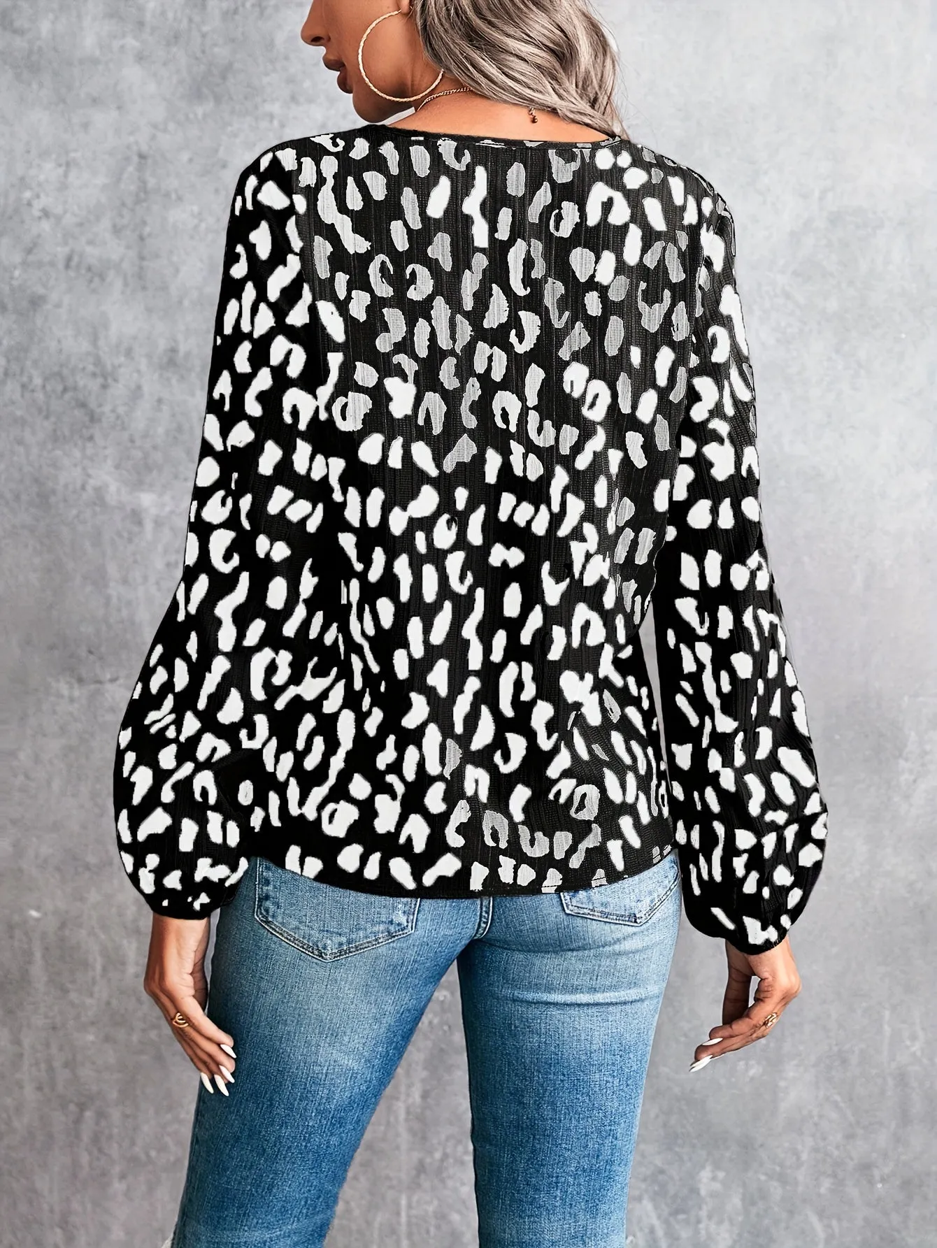 Leopard V Neck Blouse Trendy Casual Lantern Sleeve