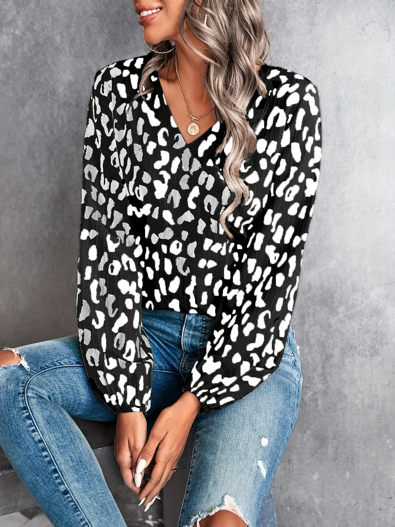 Leopard V Neck Blouse Trendy Casual Lantern Sleeve