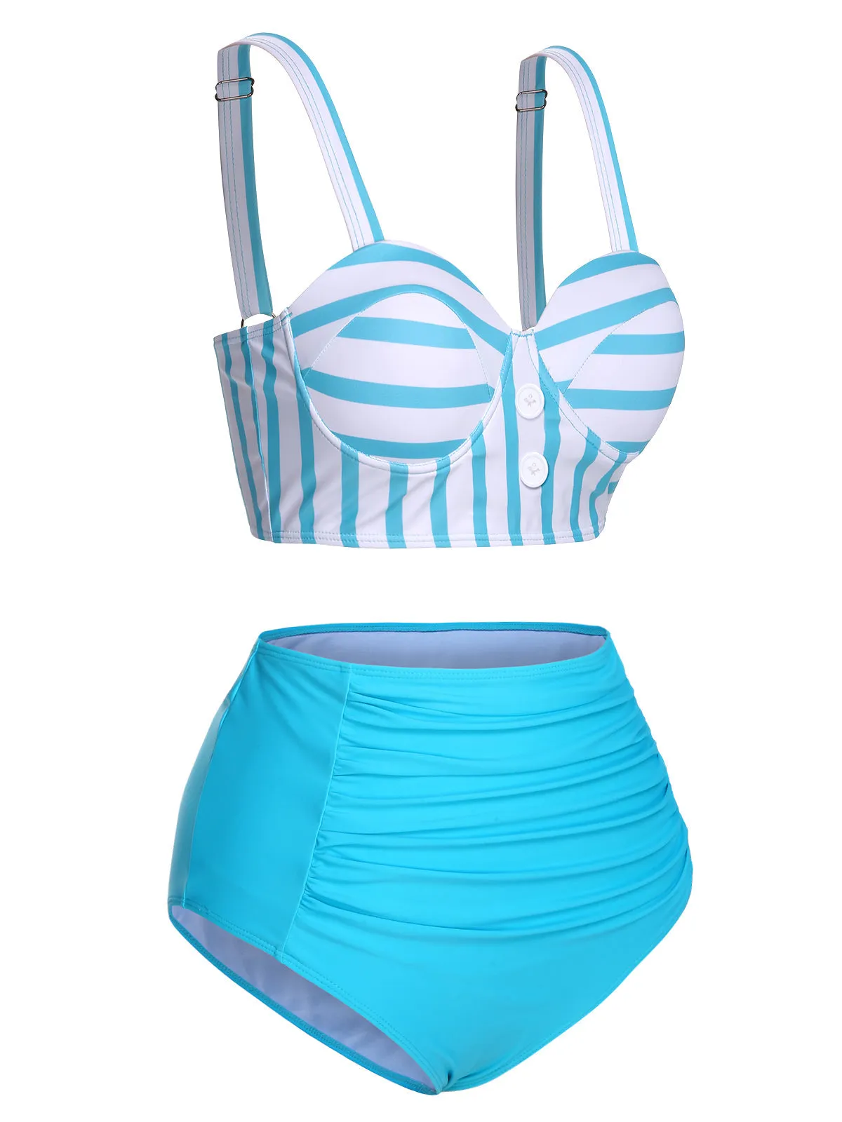 Light Blue and White Striped High Waisted Bikini Set