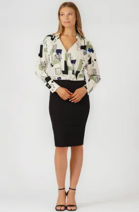 Long Sleeve Faux Wrap Printed Blouse