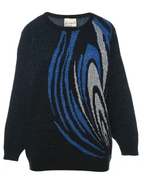 Lurex Thread Pattern Black & Blue 1980s Jumper - L