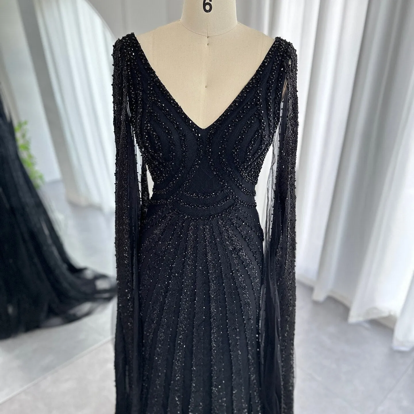 Luxury Black Beaded Evening Dresses with Cape Sleeves SS218