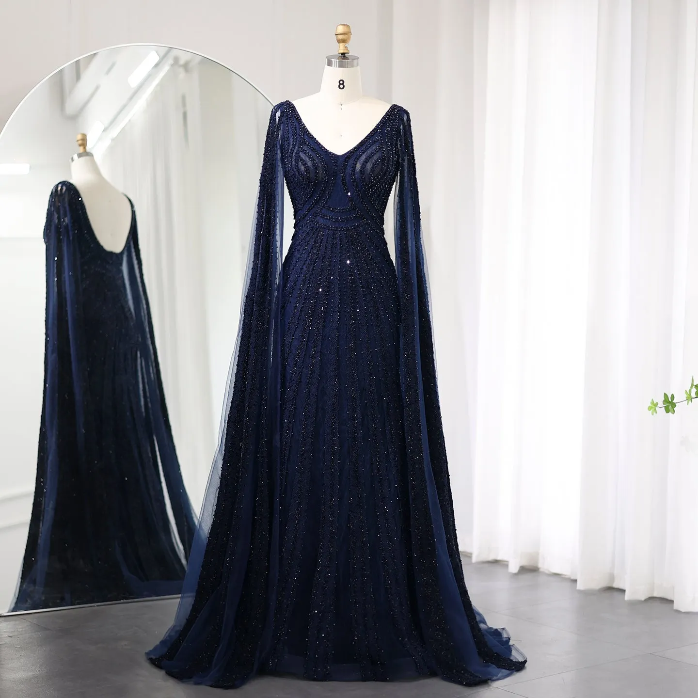 Luxury Black Beaded Evening Dresses with Cape Sleeves SS218