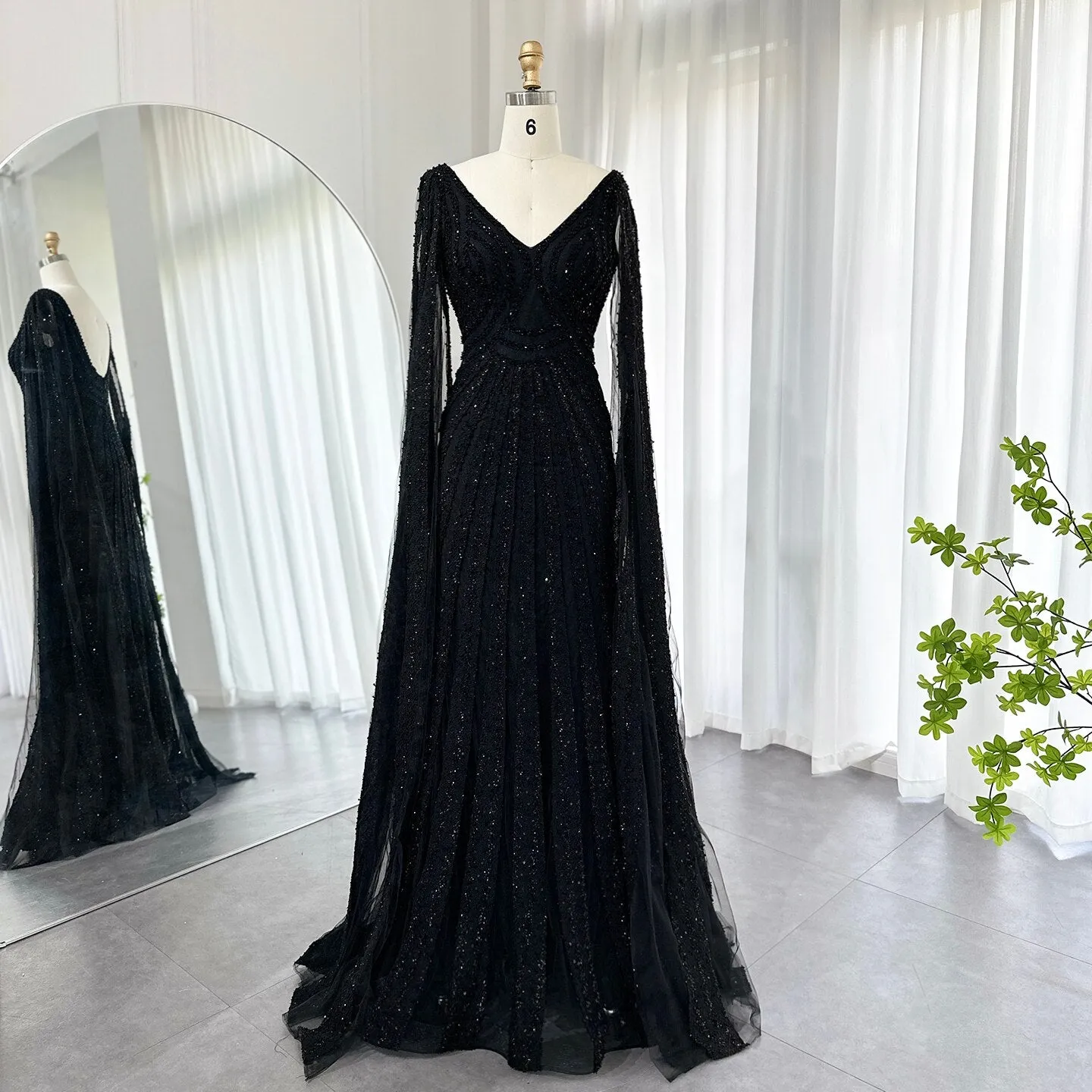 Luxury Black Beaded Evening Dresses with Cape Sleeves SS218